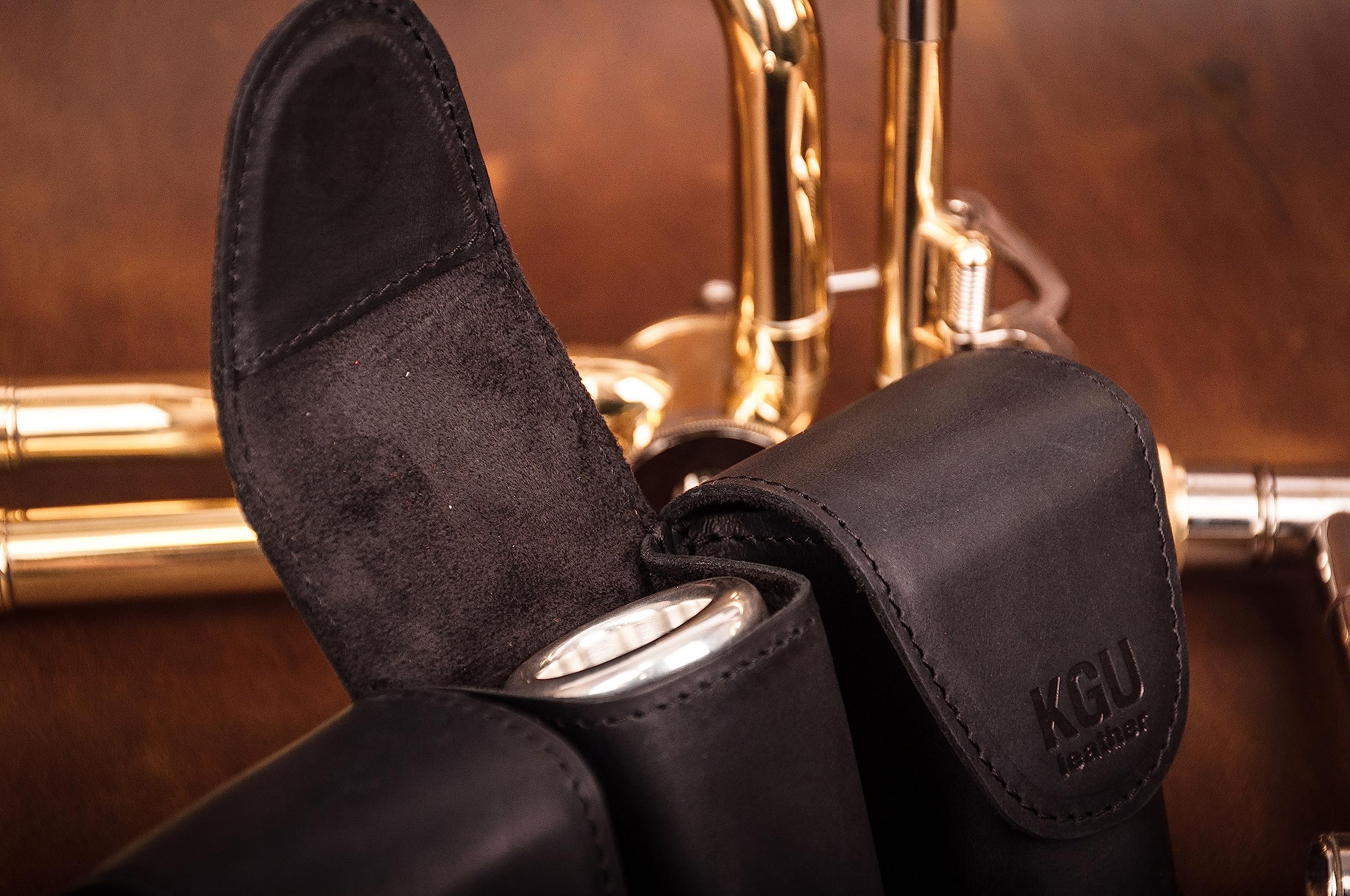 Trombone/Euphonium MOUTHPIECE HOLDER. Genuine leather carrying bag. Compact Mouthpiece Holder. Protection Case for Trombone/Euphonium Mouthpiece. Gift Idea Trombonist (Triple, Black) Triple - Image 5