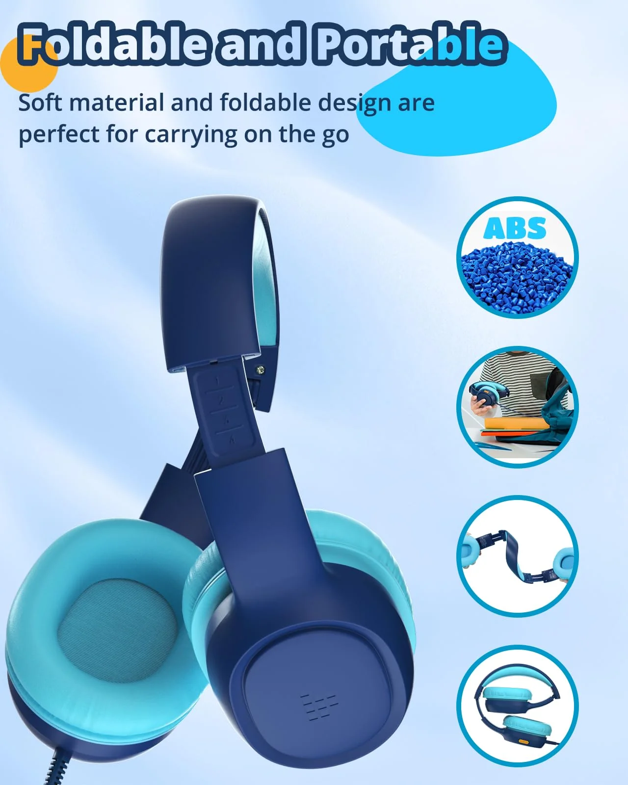 Tronsmart Kids Headphones for School Travel, Foldable Safe Volume 85/93dB, HD Stereo Sound Over-Ear Boys Girls Headphones for Kid, 3.5mm kids headphones with cord for iPad, Kindle, Tablets,KH01(Blue) Blue - Image 2