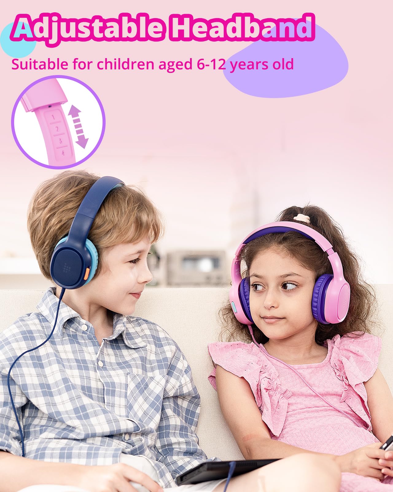 Tronsmart Kids Headphones KH01 Foldable Safety Volume 85/93dB Over-Ear Girls Boys Headphones for Kid HD Stereo 3.5mm Jack Wired Kids Headphones for Boys/Girls/School/Kindle/Travel/Tablets (Pink) Pink - Image 4