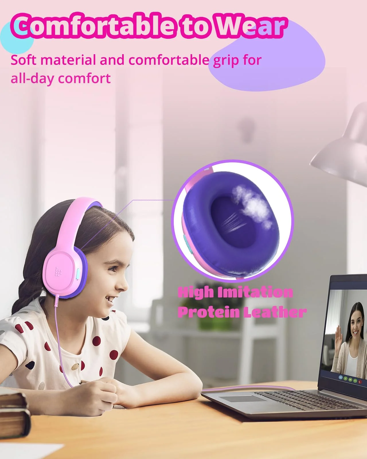 Tronsmart Kids Headphones KH01 Foldable Safety Volume 85/93dB Over-Ear Girls Boys Headphones for Kid HD Stereo 3.5mm Jack Wired Kids Headphones for Boys/Girls/School/Kindle/Travel/Tablets (Pink) Pink - Image 5