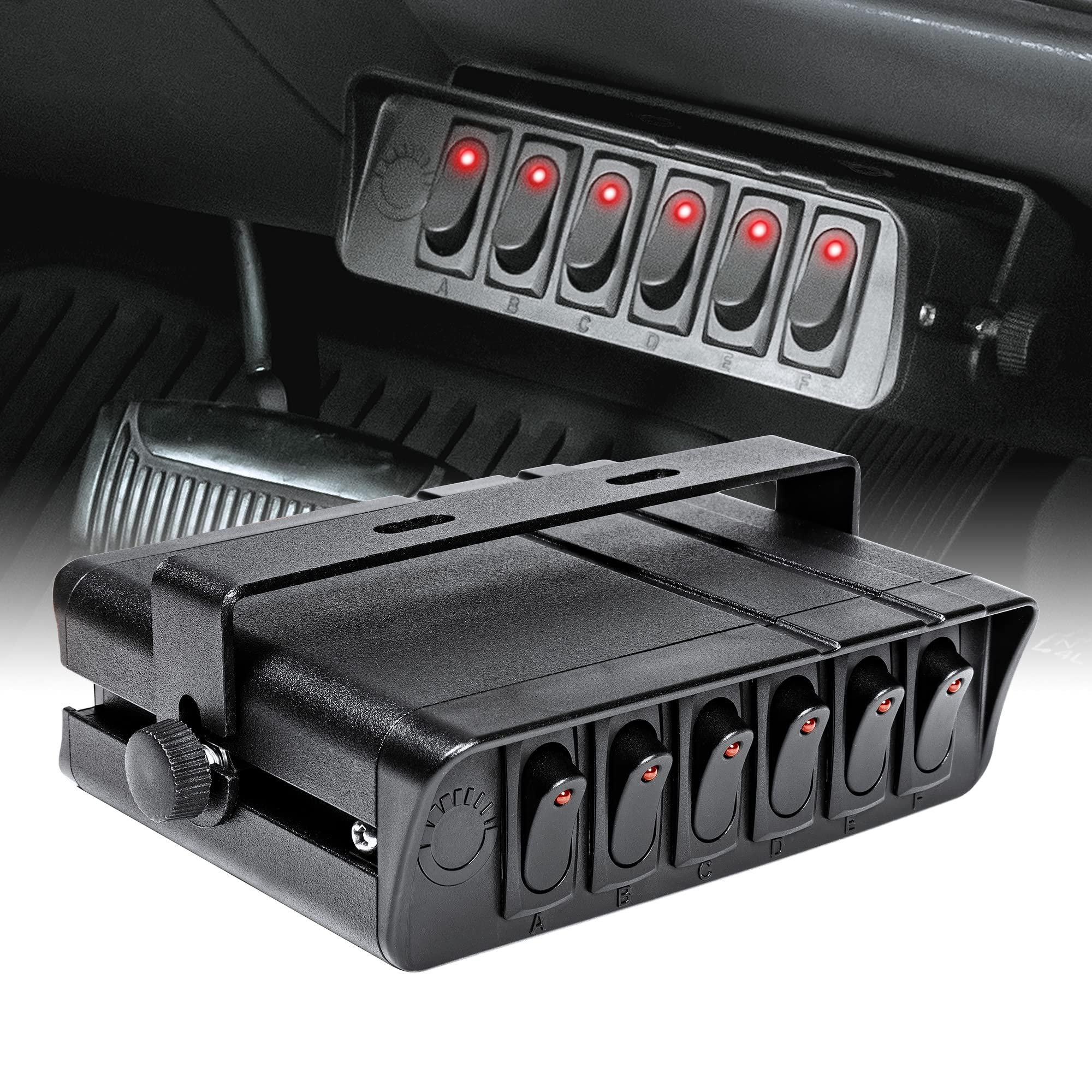 True Mods 6-Gang 12V Rocker Switch Box [40 Amp Max.] [12 AWG Wires][12 Volt DC] SPST On/Off Rocker Toggle Switch Panel Box for Auto Automotive Lights Car Marine Boat Truck Vehicles & More 6-Gang Switch Box
