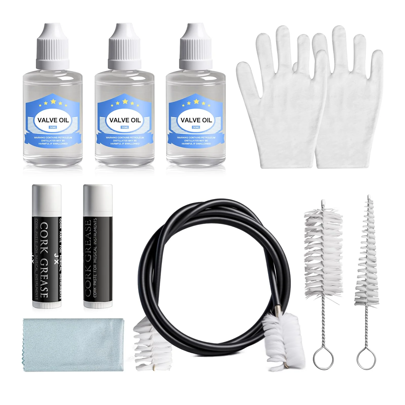 Trumpet Cleaning Kit - 3 Trumpet Lubricating Valve Oil, 2 Slide Grease,Valve, Mouthpiece, Flexible Bore Brush and Cleaning Cloth, Brass Instrument Cleaning and Care Set for Trumpet Maintenance 10Pcs