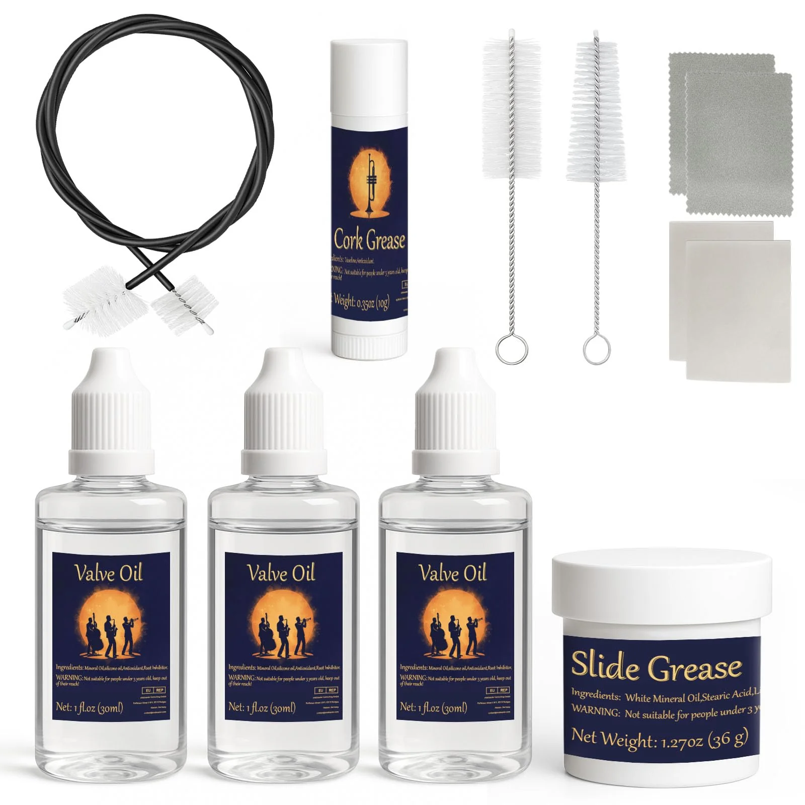 Trumpet Cleaning Kit, Clean and Care Horn, Trumpet Valve Oil Kit with Valve Oil, Slide Grease, Cork Grease, Cleaning Cloth, Mouthpiece/Valve/Bore Brushes, Polishing Cloth