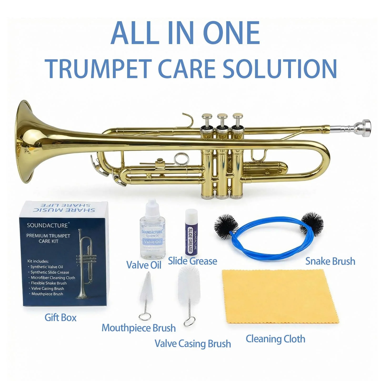 Trumpet Cleaning Kit – Complete Trumpet Care Cleaning Kit with Valve Oil, Slide Grease, Brushes & Cloth for Instrument Care Students Band - Image 2