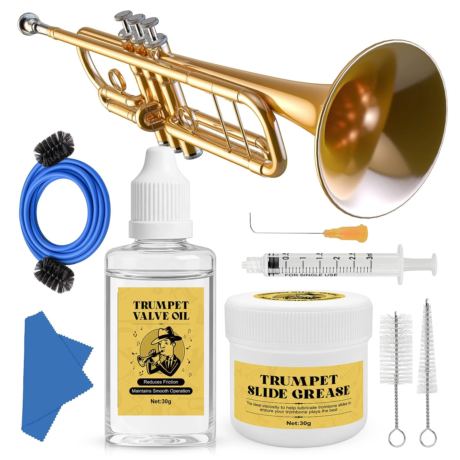 Trumpet Cleaning Kit, Trumpet Care Kit (Valve Oil, Slide Grease, Mouthpiece Brush, Bore Brushe, Piston Brush, Microfiber Cloth, Jnjector and Bent Tube Needle), Maintain Trumpet and Sound Quality