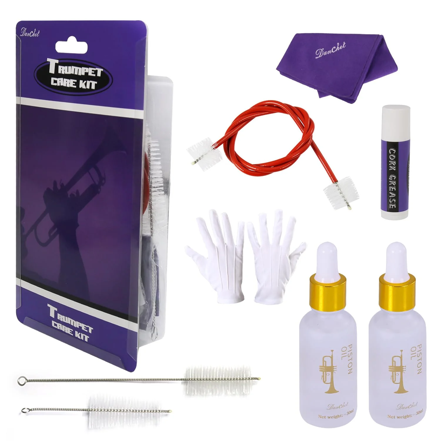 Trumpet Cleaning Kit - Trumpet (Short) Cleaning and Maintenance Kit - Multifunctional Trumpet Care Kit: Valve Oil x2, Cork Grease, Cleaning Cloth, Mouthpiece, Cleaning Brush, Gloves trumpet cleaning kit