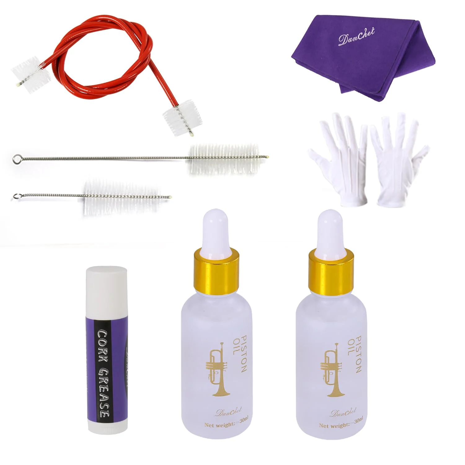 Trumpet Cleaning Kit - Trumpet (Short) Cleaning and Maintenance Kit - Multifunctional Trumpet Care Kit: Valve Oil x2, Cork Grease, Cleaning Cloth, Mouthpiece, Cleaning Brush, Gloves trumpet cleaning kit - Image 3