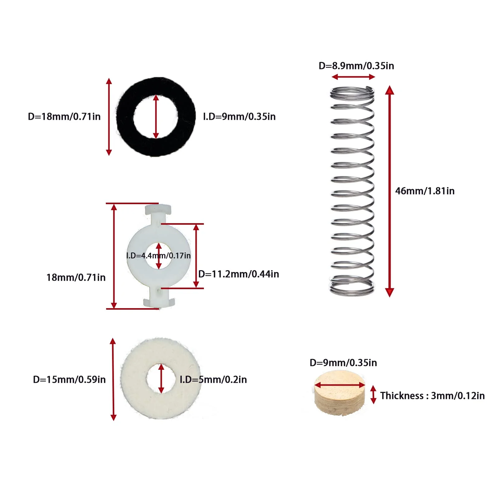 Trumpet Repair Kit, Trumpet Replacement Parts, Includes 6 Valve Guides, 12 Felt Washers, 4 Water Key Corks, 3 Valve Springs, and 2 O Ring Bumper Stoppers - Image 2