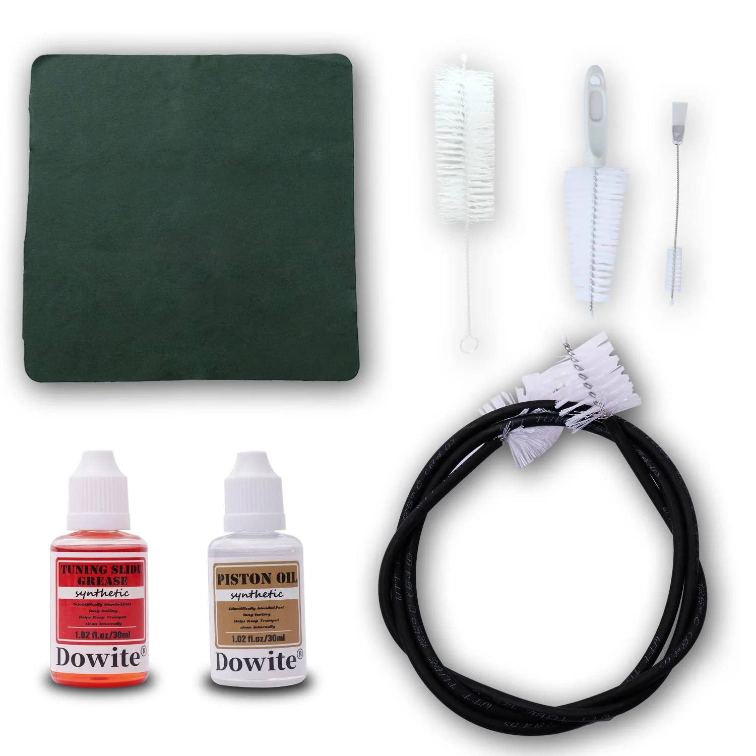 Trumpet(Cornet) Cleaning Care Kit: Valve Oil/Piston Oil, Tuning Slide Grease Oil, Snake Brush, Piston Brush, Mouthpiece Brush, Dust Brush, Cleaning Cloth–for All Musicians or Students