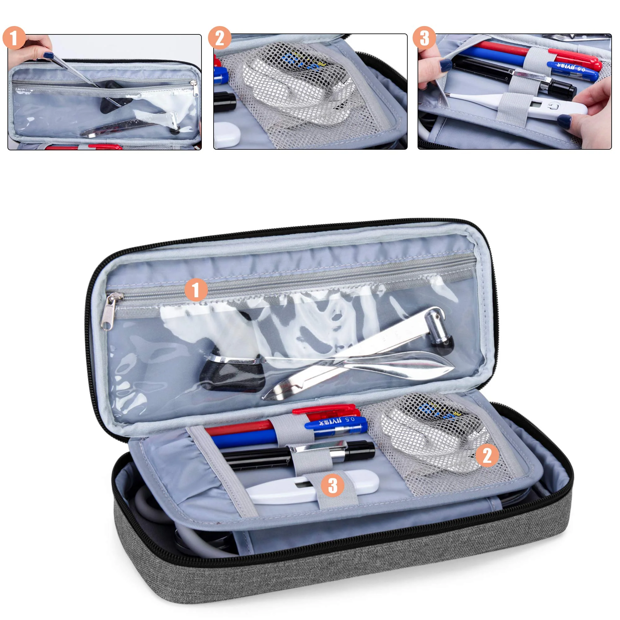 Trunab Stethoscope Pencil Case Grey with Inner Pocket Empty Stethoscope Case Compatible with 3M Littmann/MDF/ADC and Other Accessories gray - Image 3