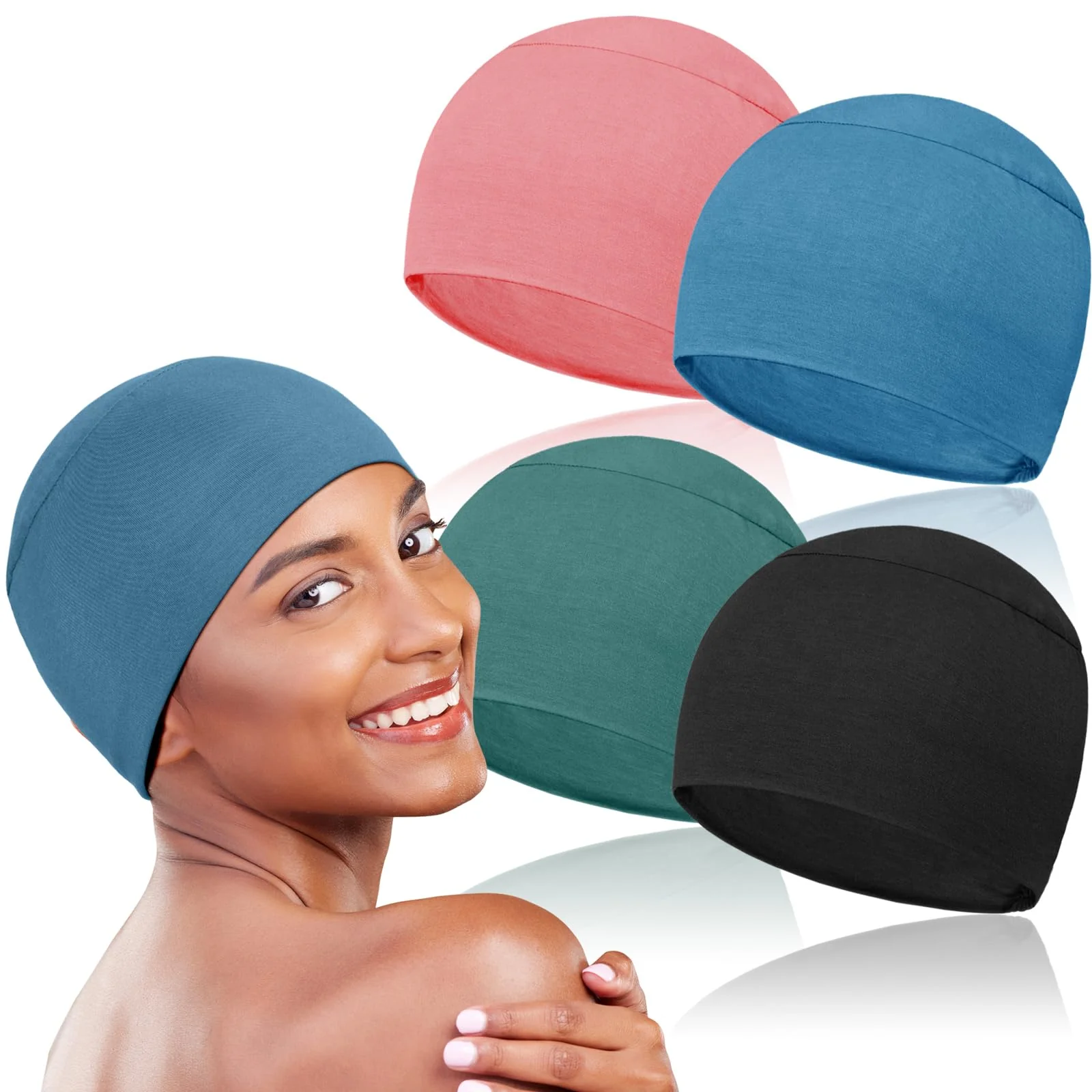 TSKNOMO 4 Pieces Chemo Headwear for Women Chemo Caps Sleep Cap for Hair Loss Black + Grey Green + Light Blue + Pink