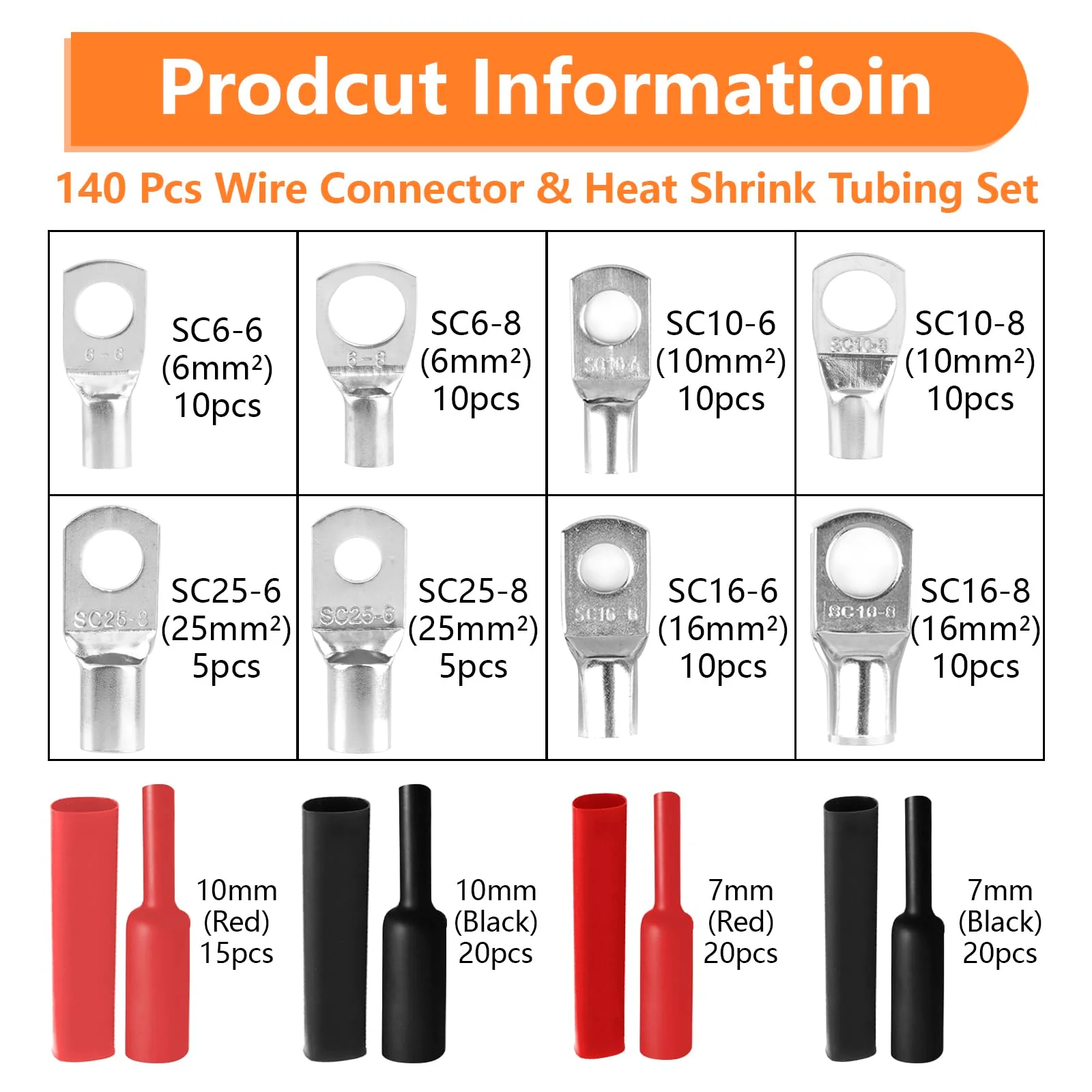 Tube Cable Lugs Cable Lugs Set, 140 Pieces Wire End Ferrules 6 mm² 10 mm² 16 mm² 25 mm² for Car Battery Cable Distribution Boxes, Diameter M6/M8 Ring Terminals Set with 70 Heat Shrink Tubing 2: 1 - Image 2