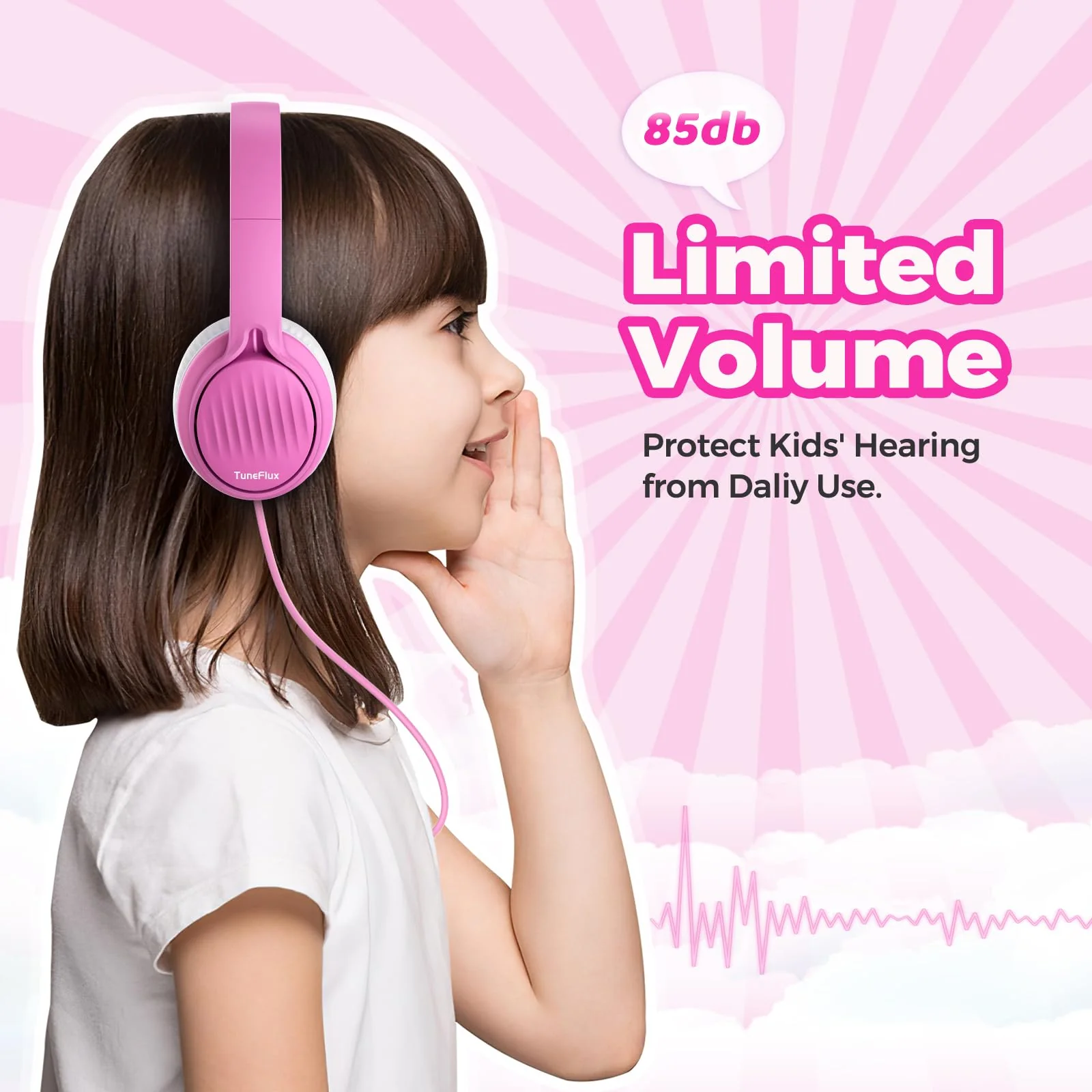 TuneFlux Upgraded Kids Headphones, Wired Toddler Headphones, 85dB Limited Volume On Ear Headphones, Portable Foldable Design, Stereo Sound Kids Headphones for School/Tablet/Travel-Pink Pink - Image 2