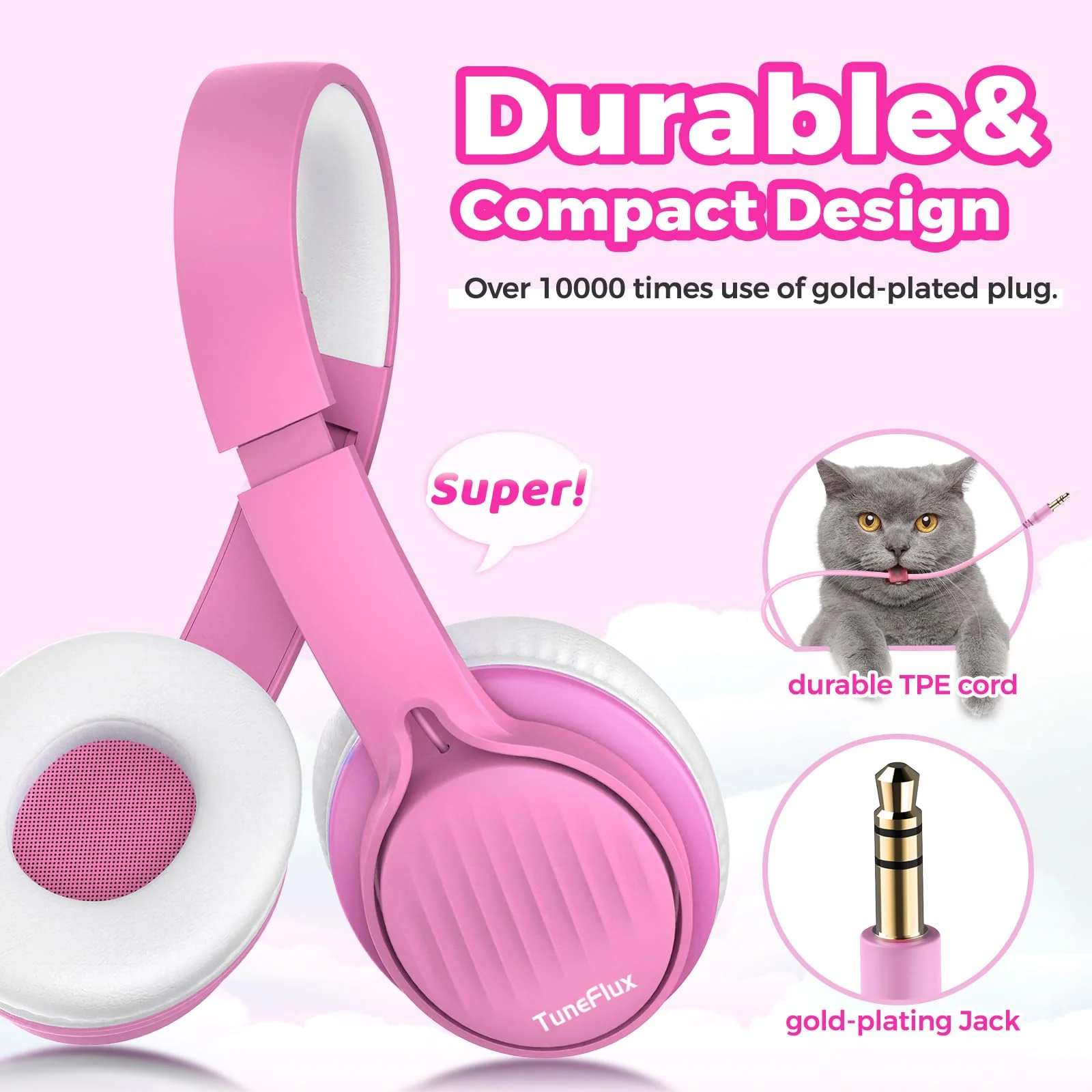 TuneFlux Upgraded Kids Headphones, Wired Toddler Headphones, 85dB Limited Volume On Ear Headphones, Portable Foldable Design, Stereo Sound Kids Headphones for School/Tablet/Travel-Pink Pink - Image 3