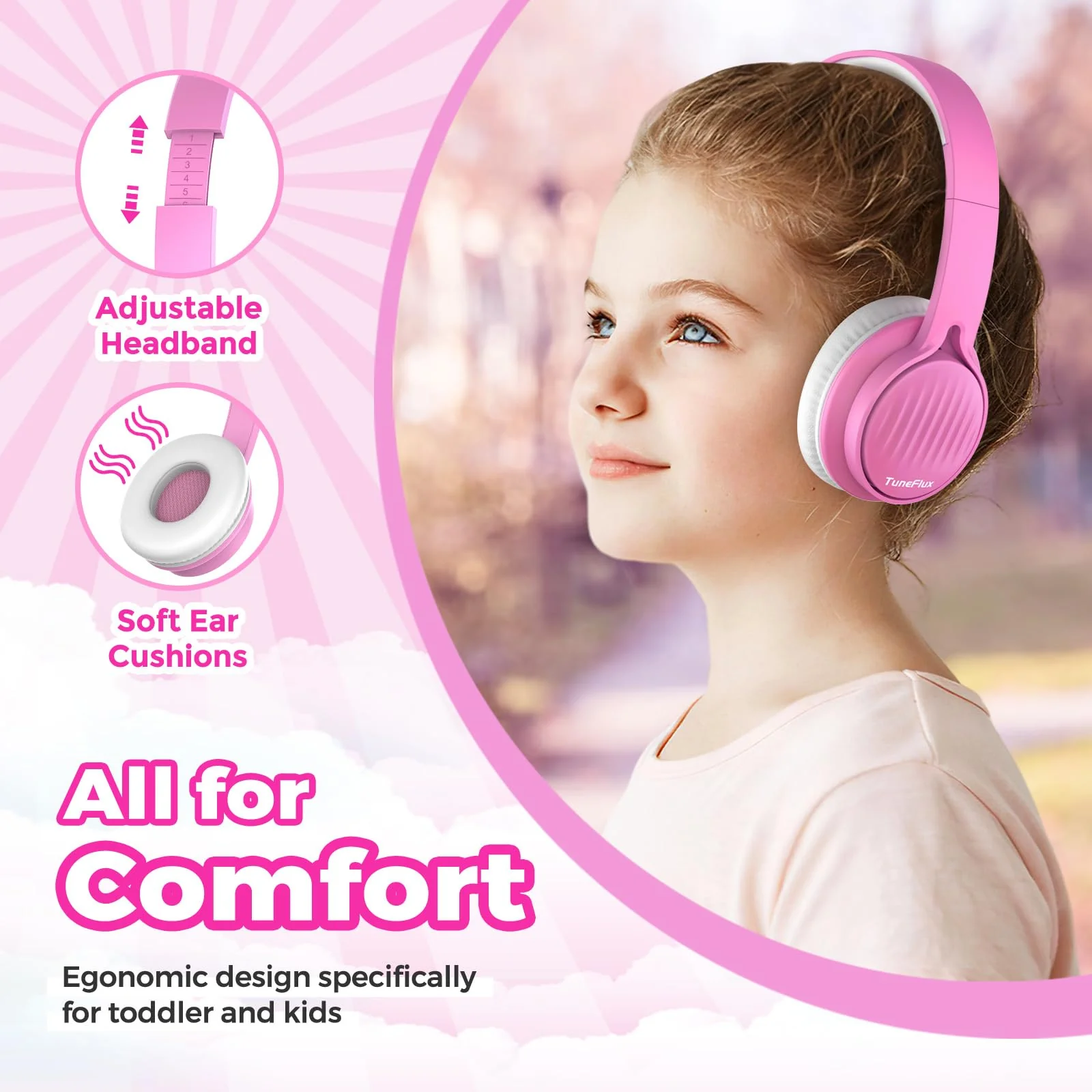 TuneFlux Upgraded Kids Headphones, Wired Toddler Headphones, 85dB Limited Volume On Ear Headphones, Portable Foldable Design, Stereo Sound Kids Headphones for School/Tablet/Travel-Pink Pink - Image 4