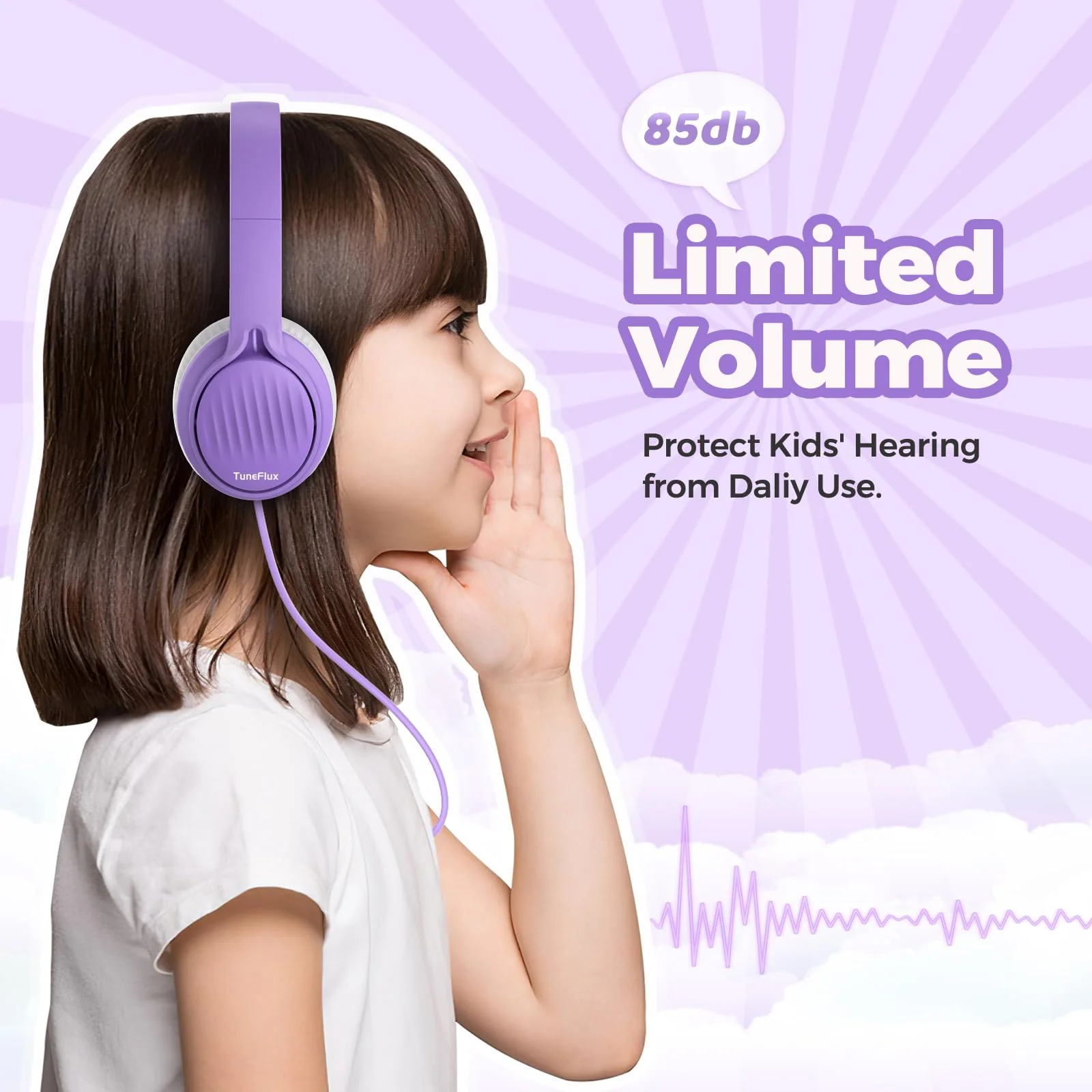 TuneFlux Upgraded Kids Headphones, Wired Toddler Headphones, 85dB Limited Volume On Ear Headphones, Portable Foldable Design, Stereo Sound Kids Headphones for School/Tablet/Travel-Purple Purple - Image 2