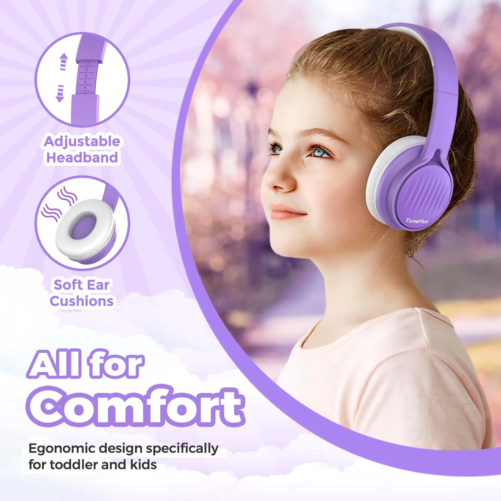TuneFlux Upgraded Kids Headphones, Wired Toddler Headphones, 85dB Limited Volume On Ear Headphones, Portable Foldable Design, Stereo Sound Kids Headphones for School/Tablet/Travel-Purple Purple - Image 4