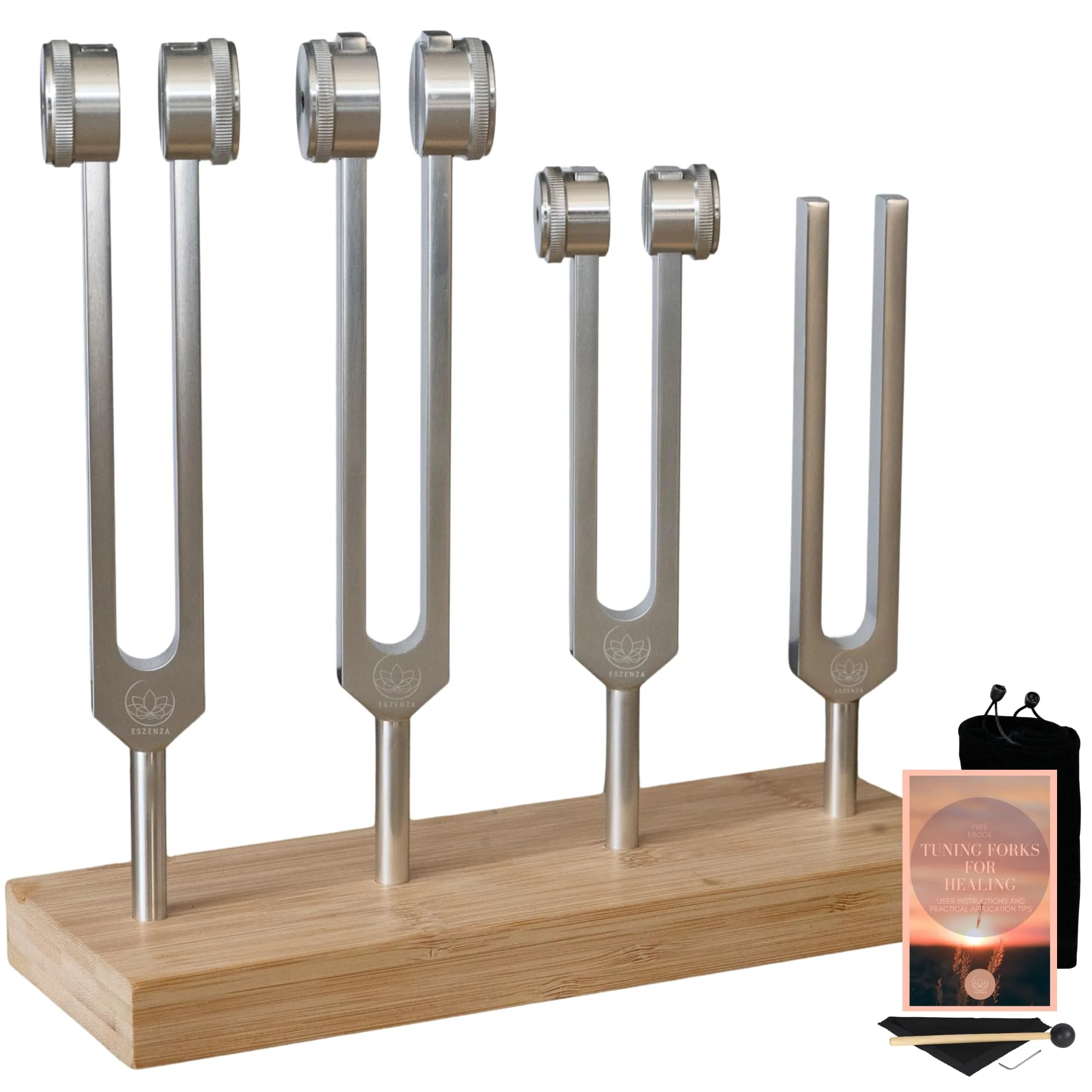 Tuning Forks for Healing Set – 128 Hz, 136.1 Hz, 256 Hz, 384 Hz Sound Healing Instruments with Bamboo Display Tray and User Guide for Sound Therapy, Meditation, Chakra Healing & Sound Bath Rituals