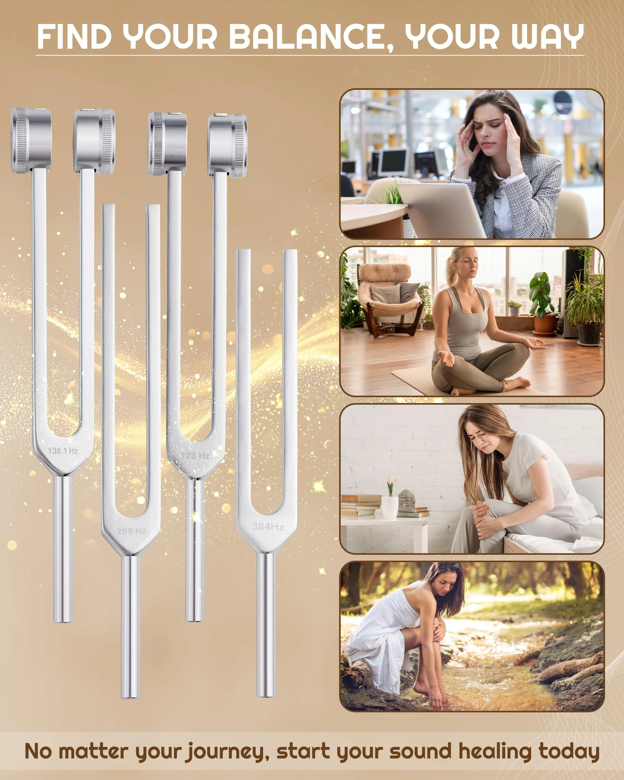 Tuning Forks for Healing Set-128Hz, 136.1Hz, 256Hz, 384Hz Weighted & Unweighted with Activator & Pouch-Complete Sound Therapy Kit for Chakra Balancing, Yoga, Meditation, Stress Relief & Energy Healing - Image 6