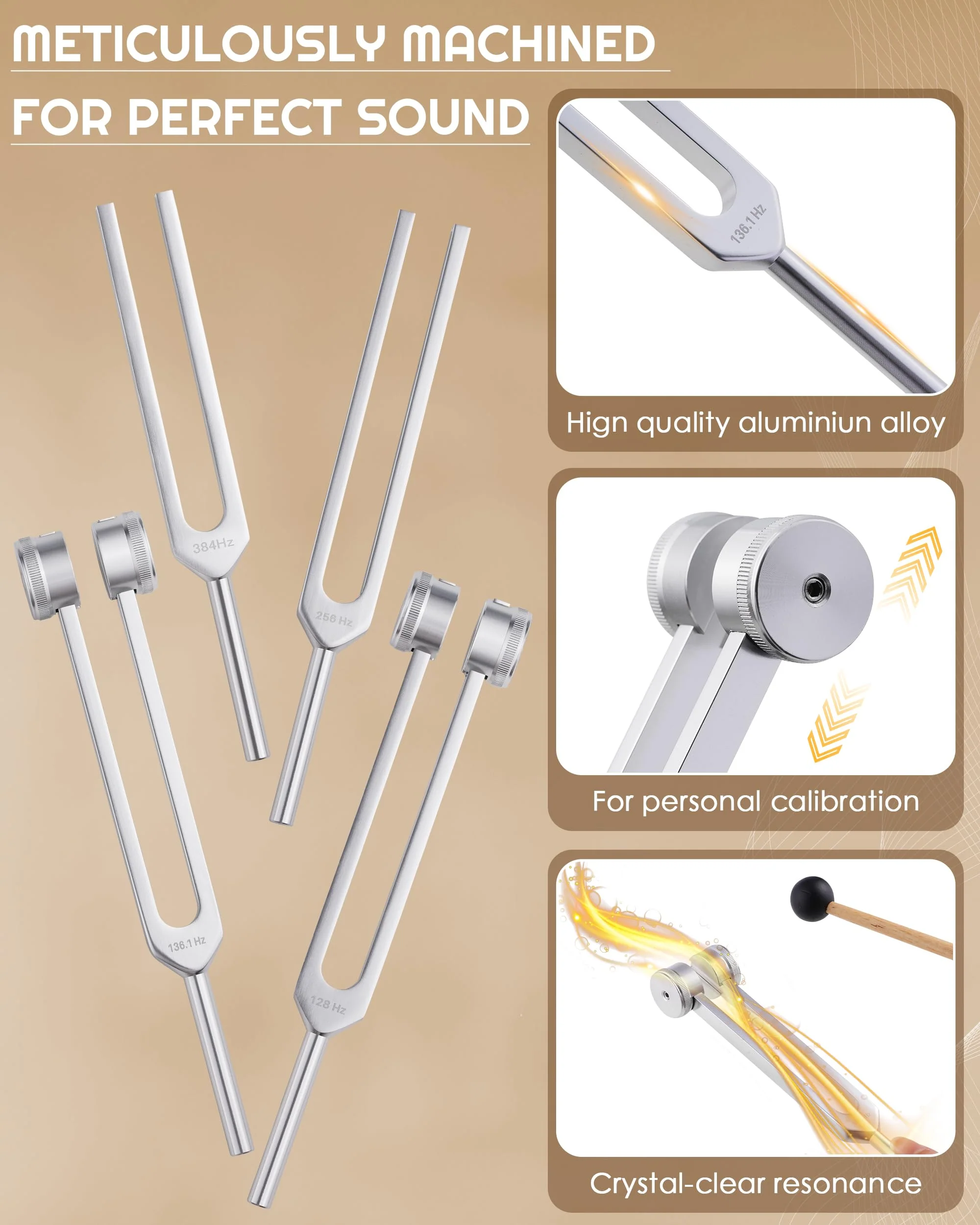 Tuning Forks for Healing Set-128Hz, 136.1Hz, 256Hz, 384Hz Weighted & Unweighted with Activator & Pouch-Complete Sound Therapy Kit for Chakra Balancing, Yoga, Meditation, Stress Relief & Energy Healing - Image 8