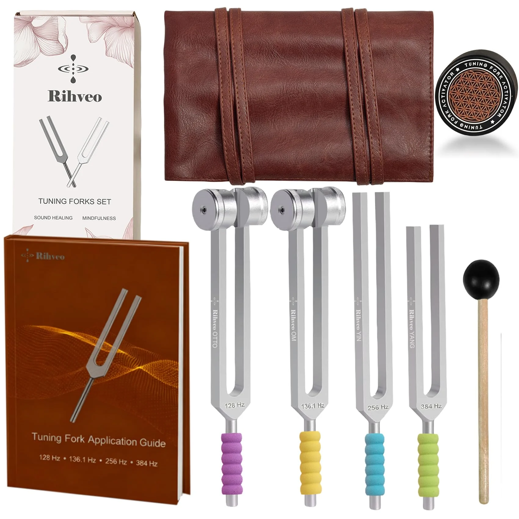 Tuning Forks for Healing Set (128Hz, 136.1Hz, 256Hz, 384Hz) with Activator & Reflex Hammer, Sound Therapy Instruments for Chakra/Yoga/Meditation, Frequency Healing Devices in Vegan Leather Pouch Silver