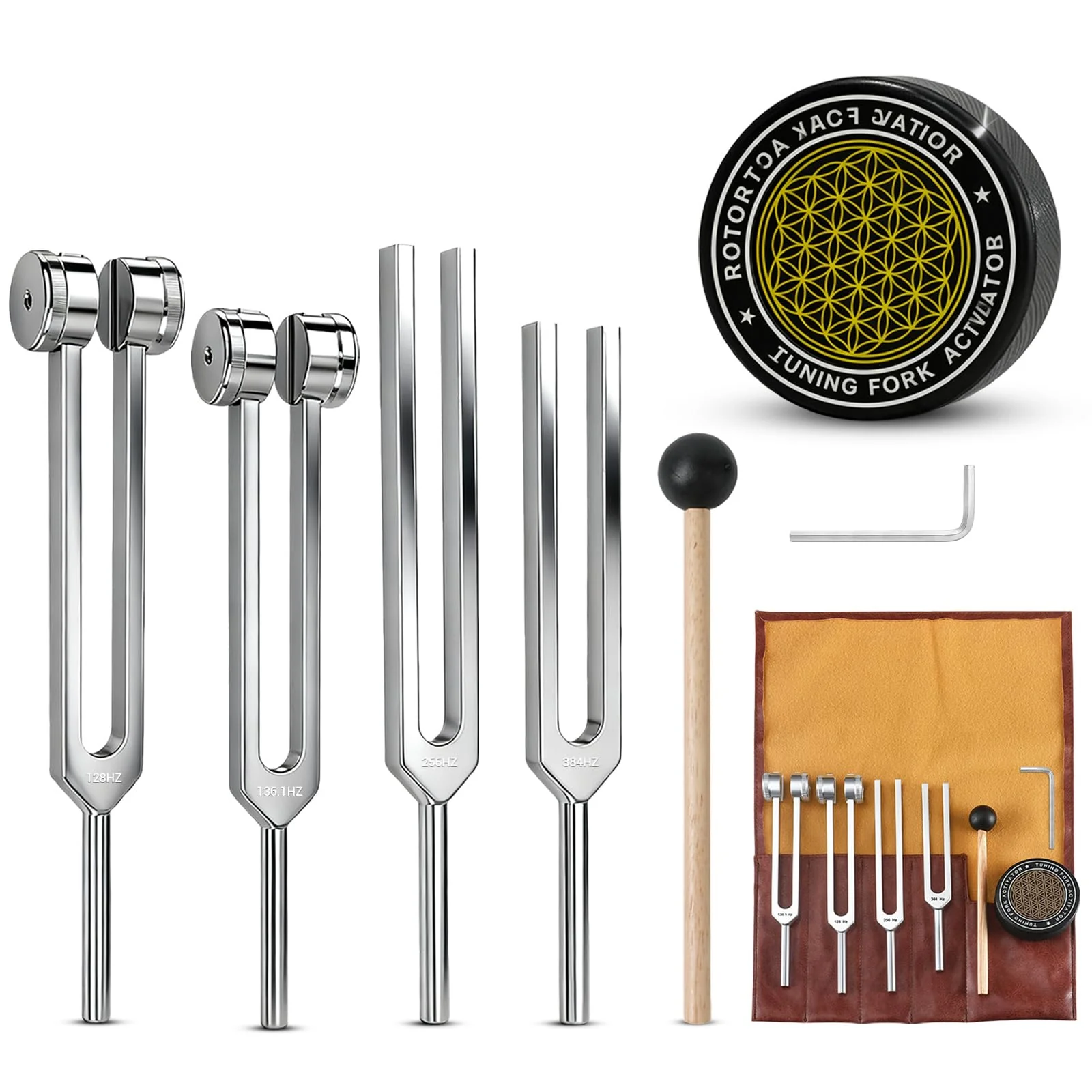 Tuning Forks for Healing Set (128Hz, 136.1Hz, 256Hz, 384Hz) with Activator & Wooden Mallet, Chakra Healing, Sound Therapy, Reiki, Yoga, Energy Balancing Tools