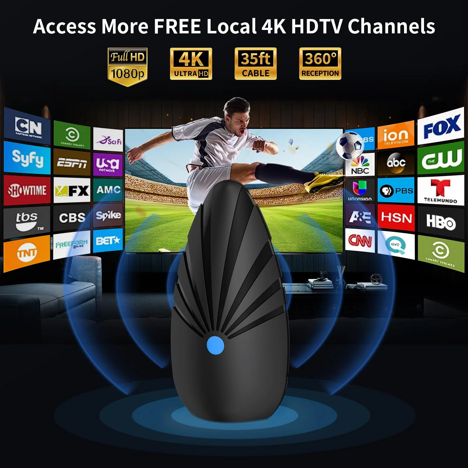 TV Antenna for Smart TV Indoor/Outdoor, Digital Antenna with 900+ Miles Coverage Range, 360° Reception Local Channels, Supports 4K 1080p for HDTV and Traditional TVs - Image 2
