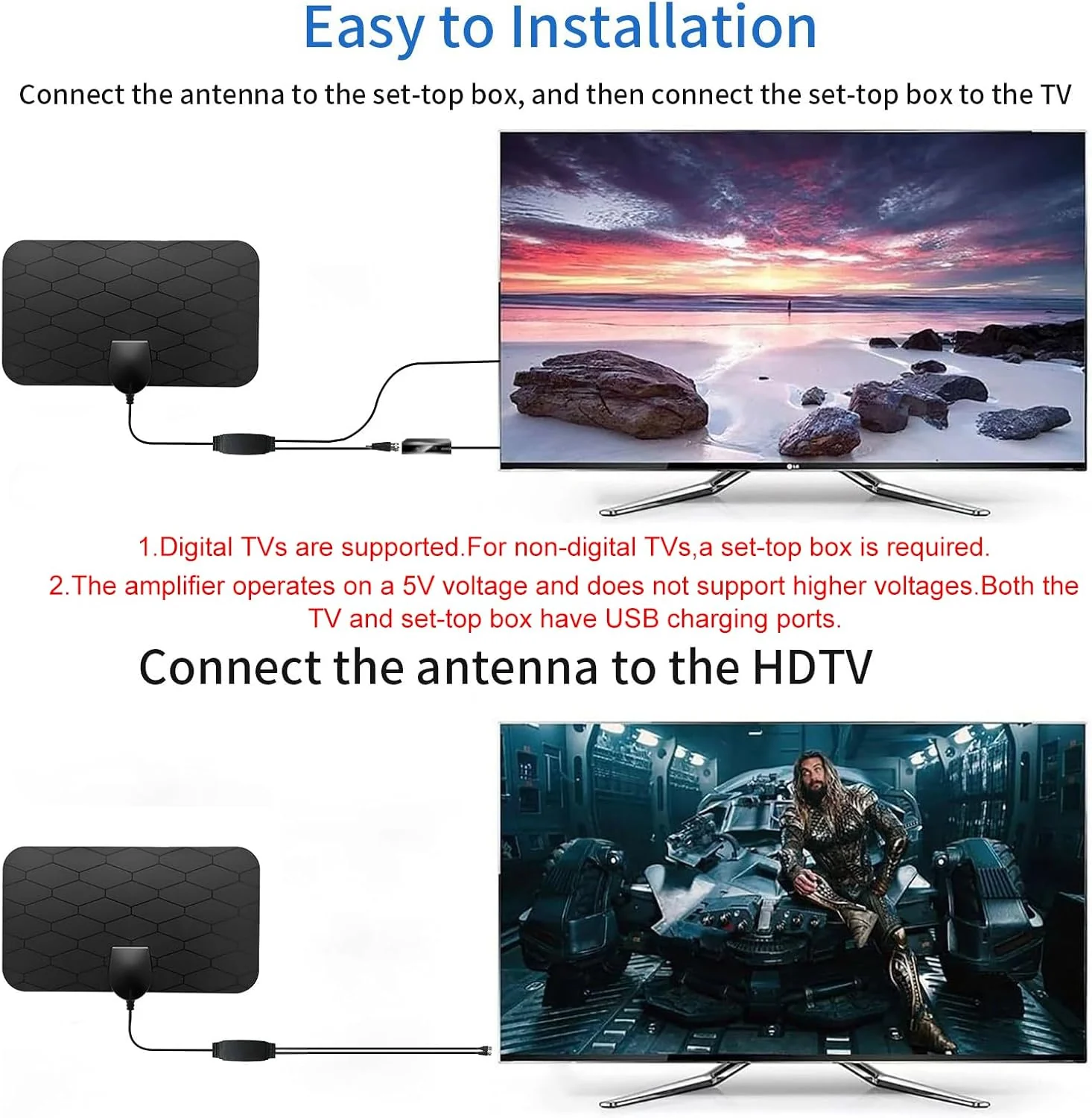 TV Antenna Indoor Long Range 900 Miles, Supports 4K 1080p Smart TV Signal Reception with Signal Amplifier 16ft HDTV Coax Cable - Image 4