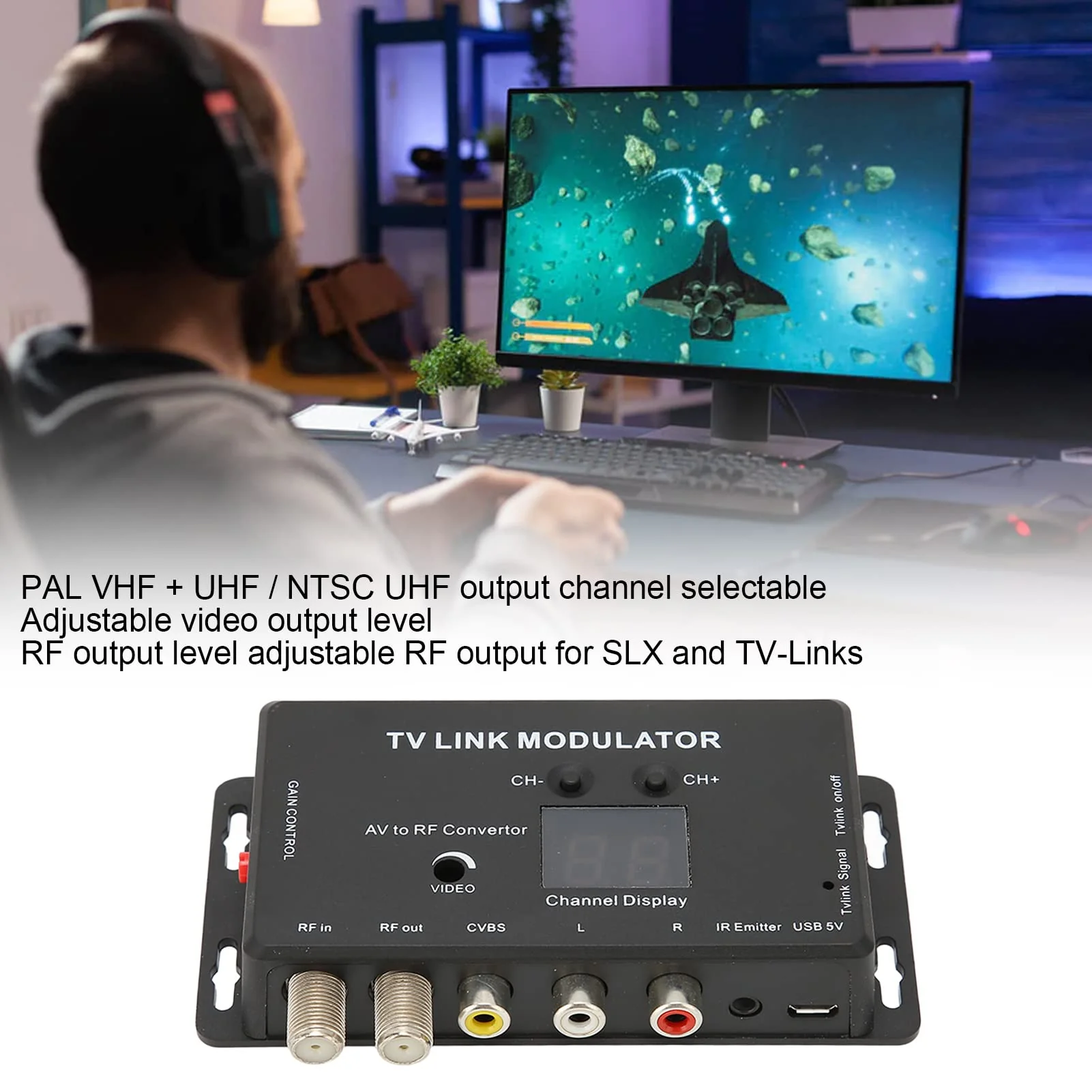 TV Link Modulator, Mini AV to RF UHF Modulator Support PAL NTSC Adjustable Output Gain Electronic UHF Home Converter, for DVD Players, Games, Digital - Image 3
