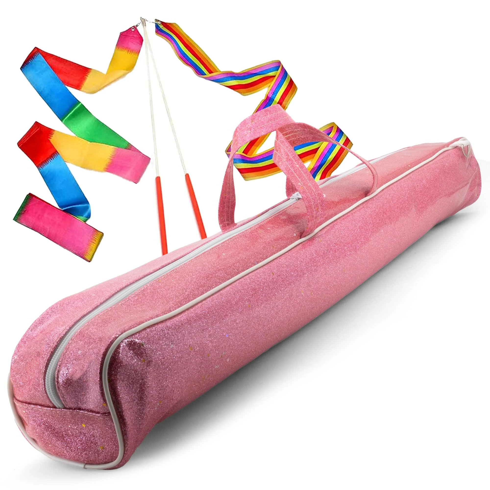 Twirling Baton Bag Case with Adjustable Shoulder Strap - Pink Sparkle Case for Majorette Marching Dance Batons - Complete with 2 Rainbow Dance Ribbons Baton Bag Pink