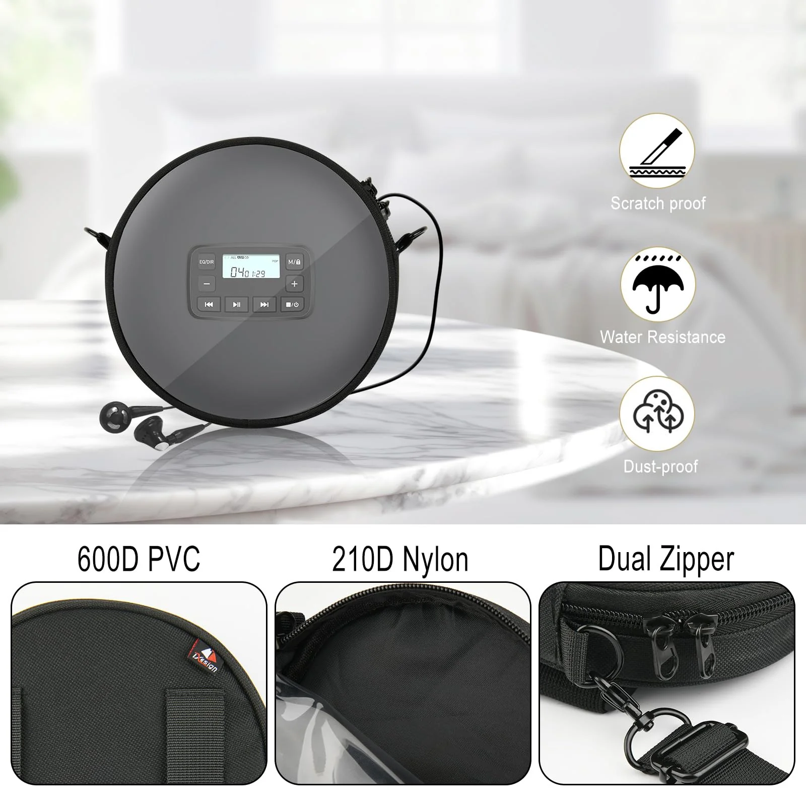 TXEsign CD Player Storage Bag, 6" Disk Case With Adjustable Shoulder Strap, Waist Band, and Transparent Window - Image 4