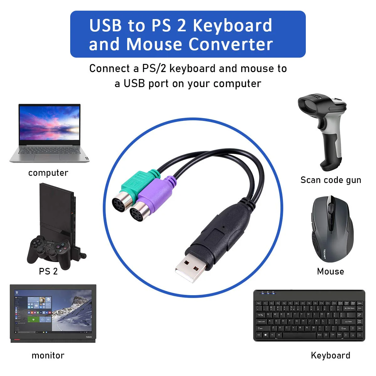 UCEC PS/2 to USB Adapter Converter for PS2 Keyboard Mouse Black PS/2 to USB - Image 2
