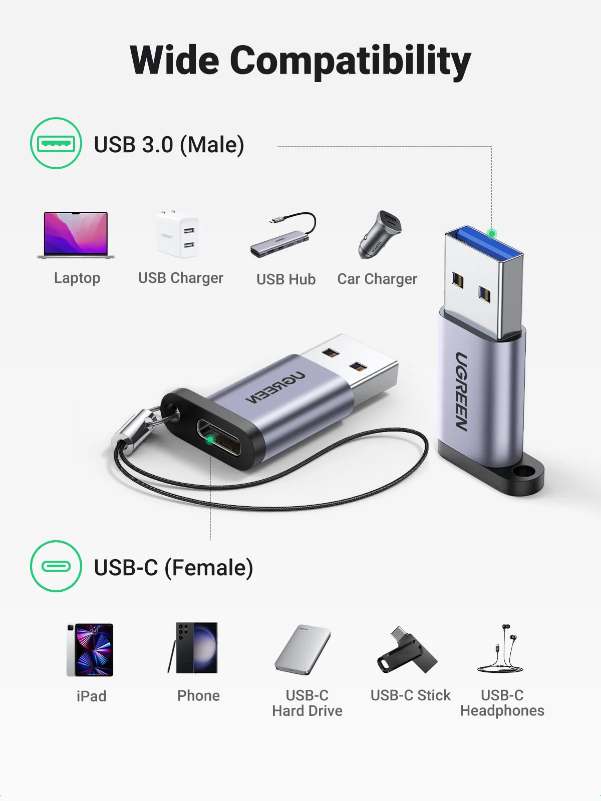 UGREEN 10Gbps USB C Female to USB Male Adapter 2 Pack, Type C to USB A Charger Cable Converter Compatible with Apple Watch iPhone 15 14 13 AirPods 3 MacBook Samsung Galaxy Note Google Pixel etc Gray - Image 5