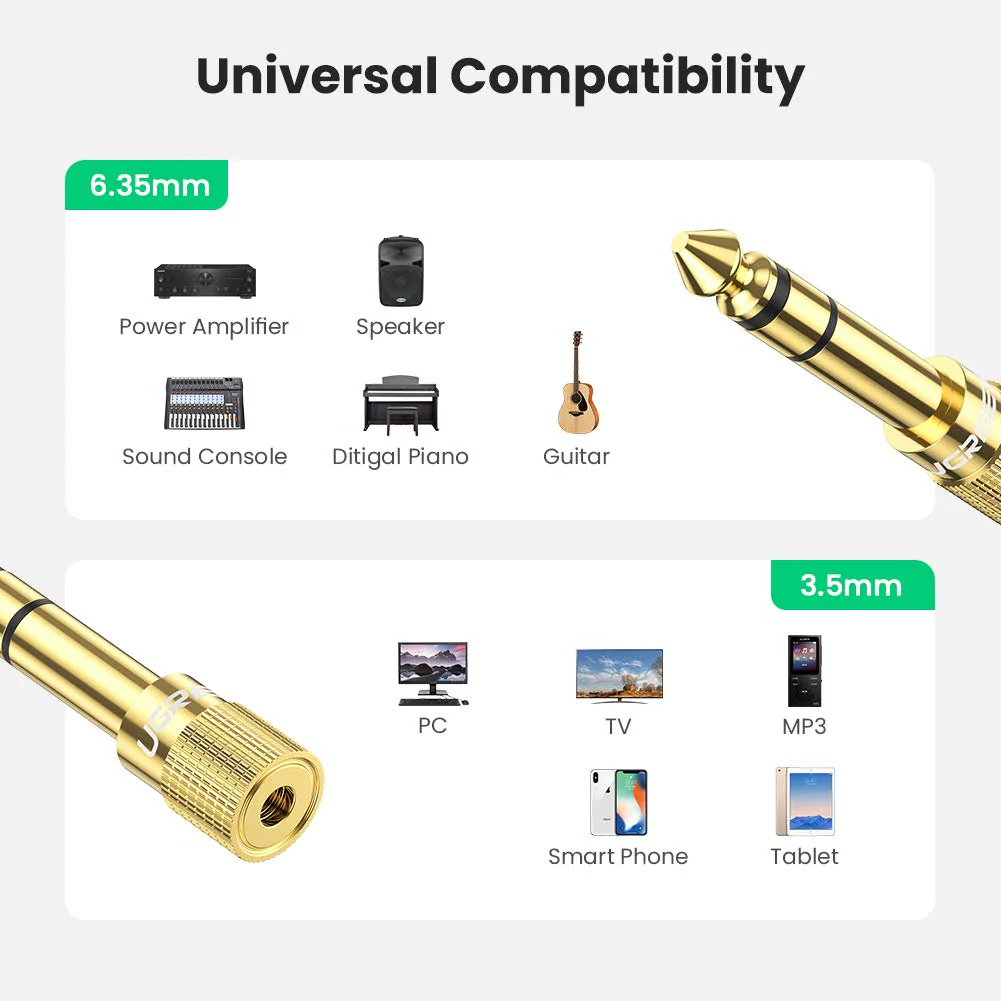 UGREEN 6.35mm 1/4 inch Male to 3.5mm 1/8 inch Female Stereo Headphone Adapter Audio Jack Plug Gold Plated for Speaker Headphone Guitar Digital Piano Amp, 2 Pack - Image 2