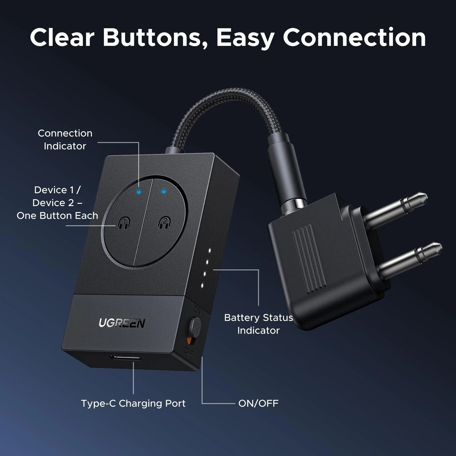 UGREEN Airplane Bluetooth 5.4 Adapter for 2 Airpods or Headphones, Wireless Bluetooth Transmitter Compatible with All AirPods Like Airpods 4/Pro2/Max,Dual 3.5MM AUX Jack Adapter Included - Image 7