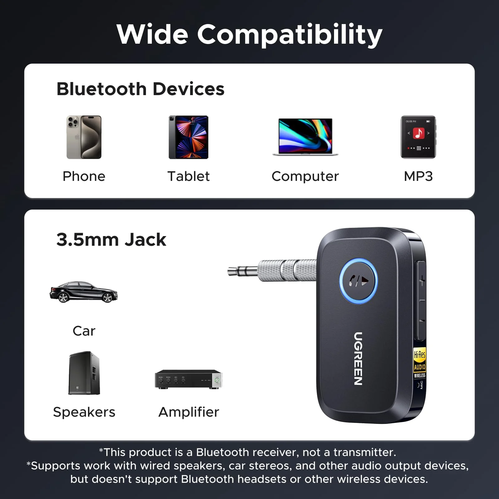 UGREEN Bluetooth 6.0 Receiver for Car with LDAC, AI Noise Cancelling 3.5mm AUX Bluetooth Car Adapter, Hi-Res Wireless Audio Receiver for Home Stereo/Wired Speaker with Hands-Free Call,15H Battery Life - Image 9