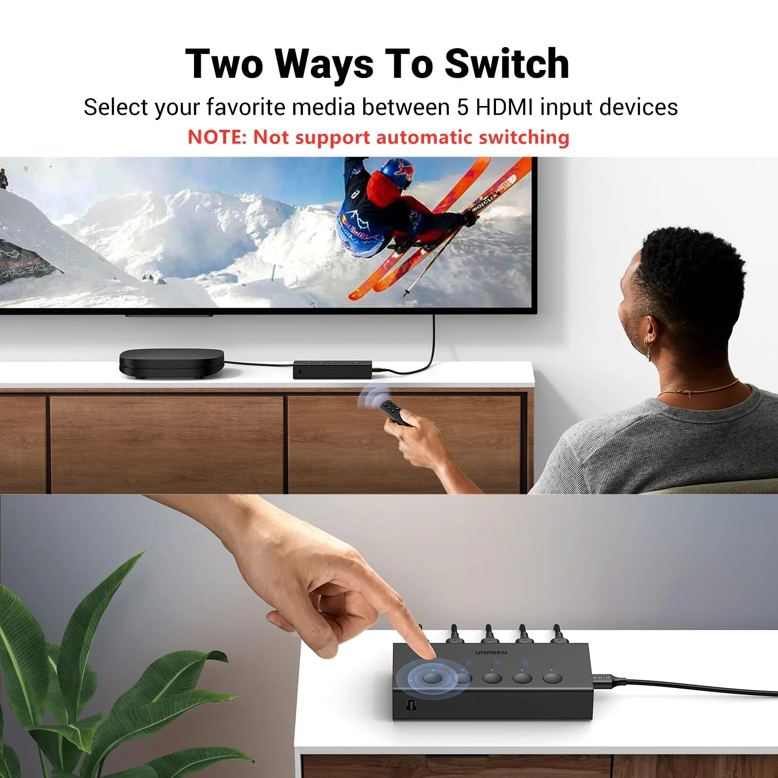 UGREEN HDMI Switch 5 in 1 Out 4K@60Hz, HDMI Splitter with Remote 5 Port Switcher Selector Box Support 3D CEC HDR HDCP2.2 Compatible with PS5/4/3 Xbox Nintendo Switch Roku TV Fire Stick Black - Image 5