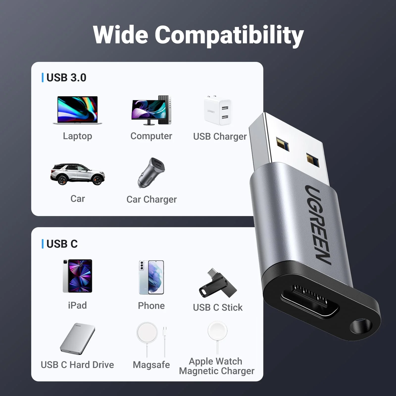 UGREEN USB to USB C Adapter USB C Male to USB 3.0 Female 2 Pack,10Gbps USB C Female to USB Male Adapter Thunderbolt Compatible with iPhone 16 15, MacBook, iPad, Samsung Galaxy,Apple MagSafe Watch 9/8 - Image 5