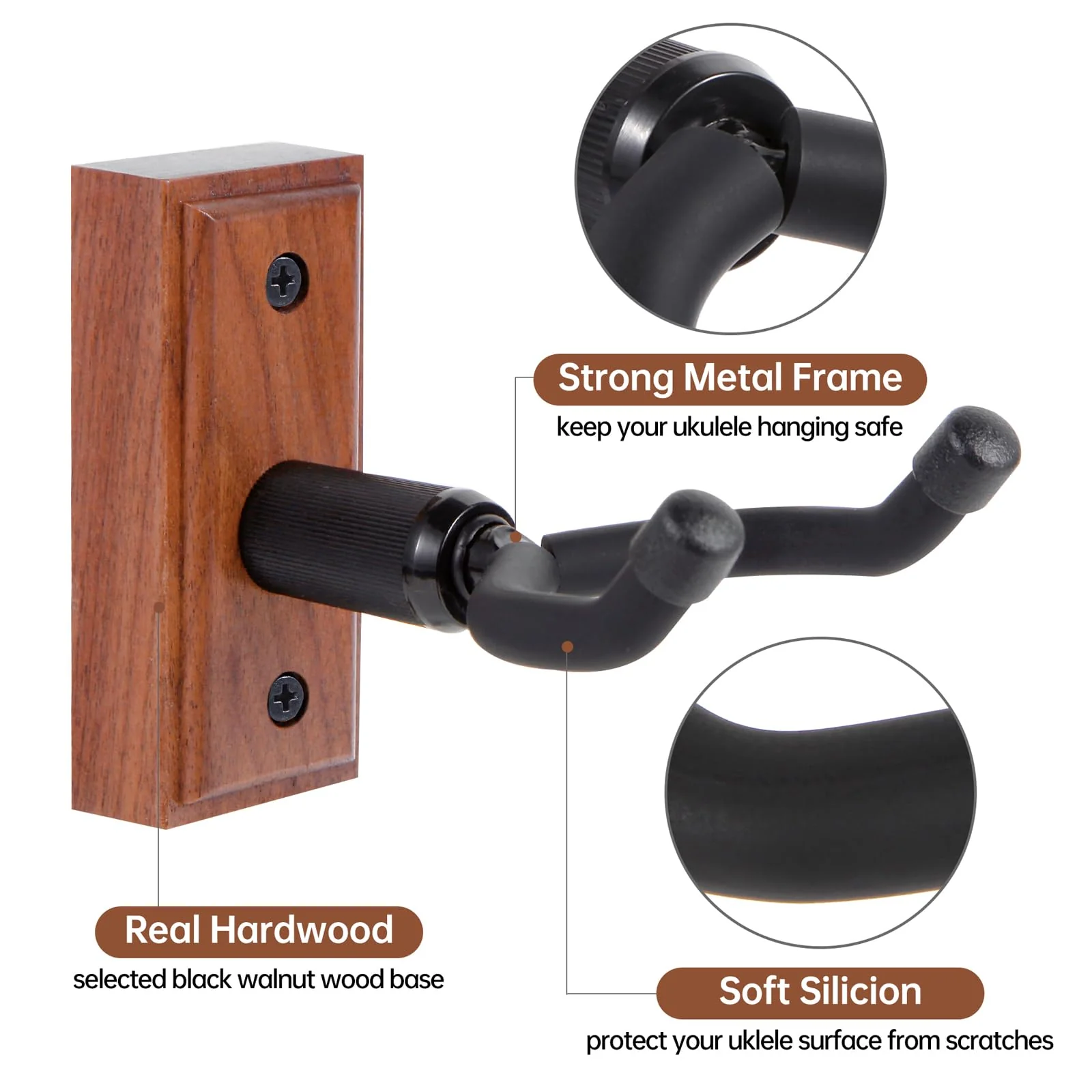 Ukulele Wall Mount Hanger, Ukulele Hanger Holder For Ukele Concert Pineapple Soprano Tenor Baritone Mandolin and Banjo, Black Walnut Hardwood Ukulele Wall Hook Display For Home, Studio, Concert. - Image 3