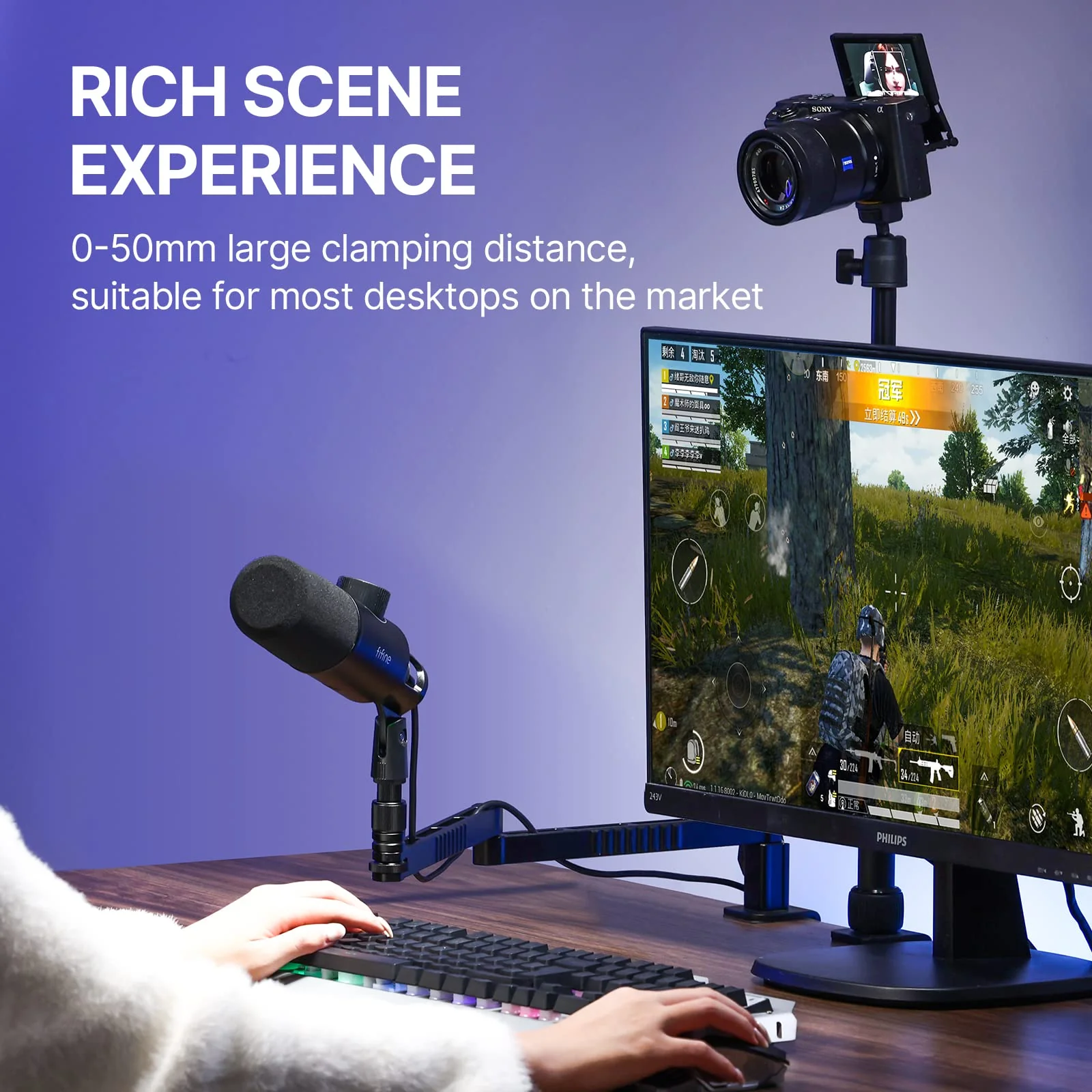 ULANZI LS26 Low Profile Mic Arm, Aluminum 360° Rotatable Foldable Microphone Low Arm Desk Mount for Podcast/Streaming/Gaming/Radio Studio w Mic Clip 1/4" 3/8" 5/8" Screw for Most Mics - Image 2