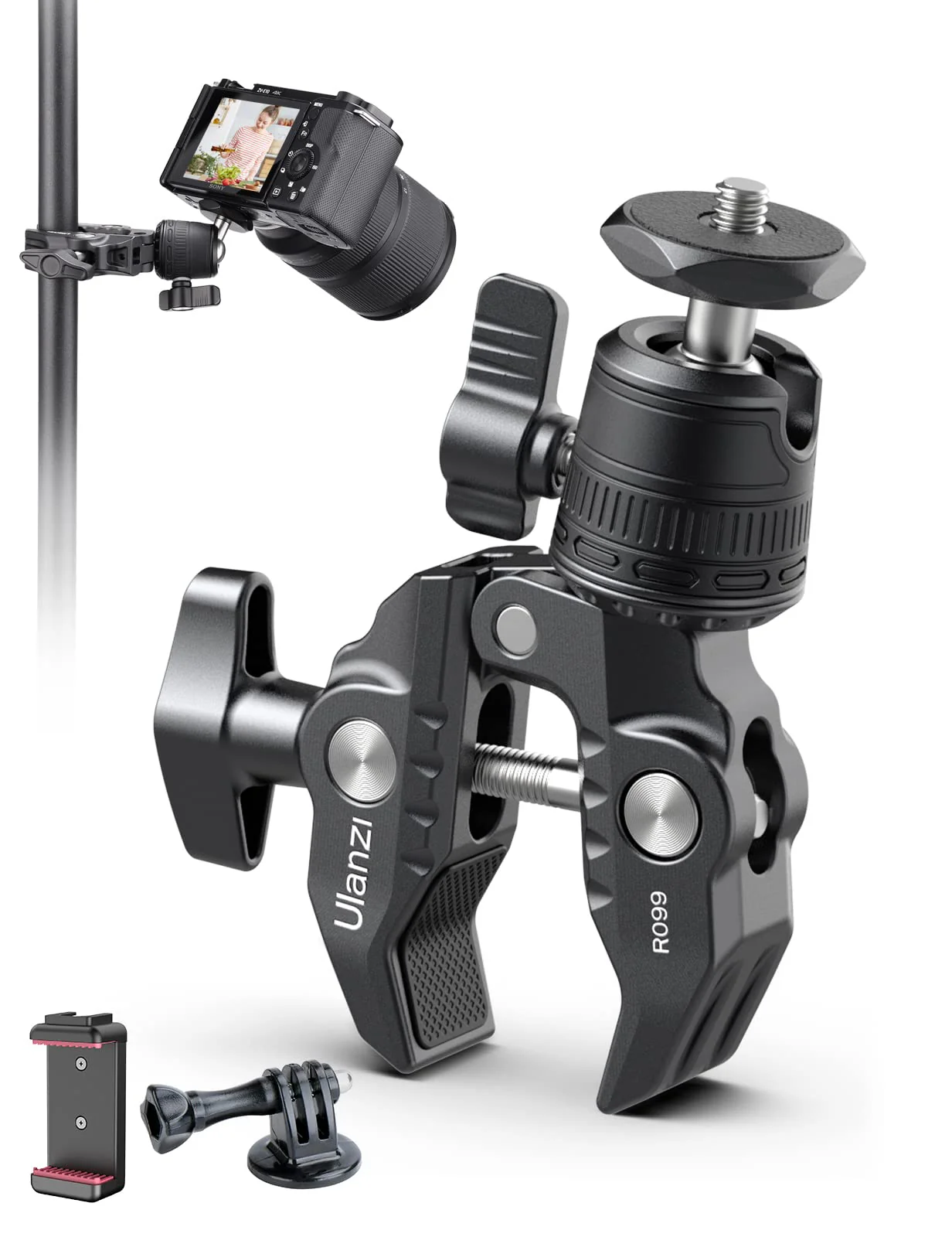 ULANZI R099 Super Clamp Camera Mount - Heavy Duty 3.3lb Load Metal Clamp with 360° Ball Head for Action Cameras (GoPro/Insta360/DJI), DSLR, Bike/Motorcycle Handlebar, Pole/Tube Mount Accessories