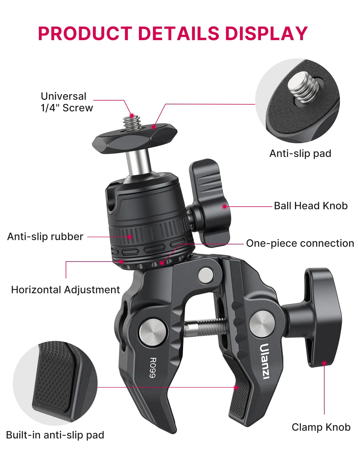 ULANZI R099 Super Clamp Camera Mount - Heavy Duty 3.3lb Load Metal Clamp with 360° Ball Head for Action Cameras (GoPro/Insta360/DJI), DSLR, Bike/Motorcycle Handlebar, Pole/Tube Mount Accessories - Image 6