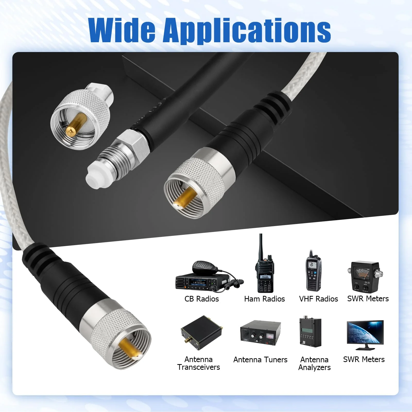 Ullnosoo CB Coax Cable 18ft, CB Radio Antenna Cable RG8X Coaxial Cable with PL-259 Male to FME Female/ PL259 Male Connector, Low Loss for HAM Radio, VHF Radio, Marine Antenna, SWR Meter with FME Adapter - Image 5