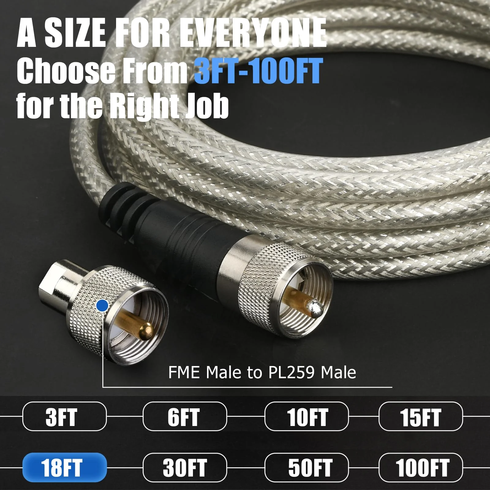 Ullnosoo CB Coax Cable 18ft, CB Radio Antenna Cable RG8X Coaxial Cable with PL-259 Male to FME Female/ PL259 Male Connector, Low Loss for HAM Radio, VHF Radio, Marine Antenna, SWR Meter with FME Adapter - Image 7