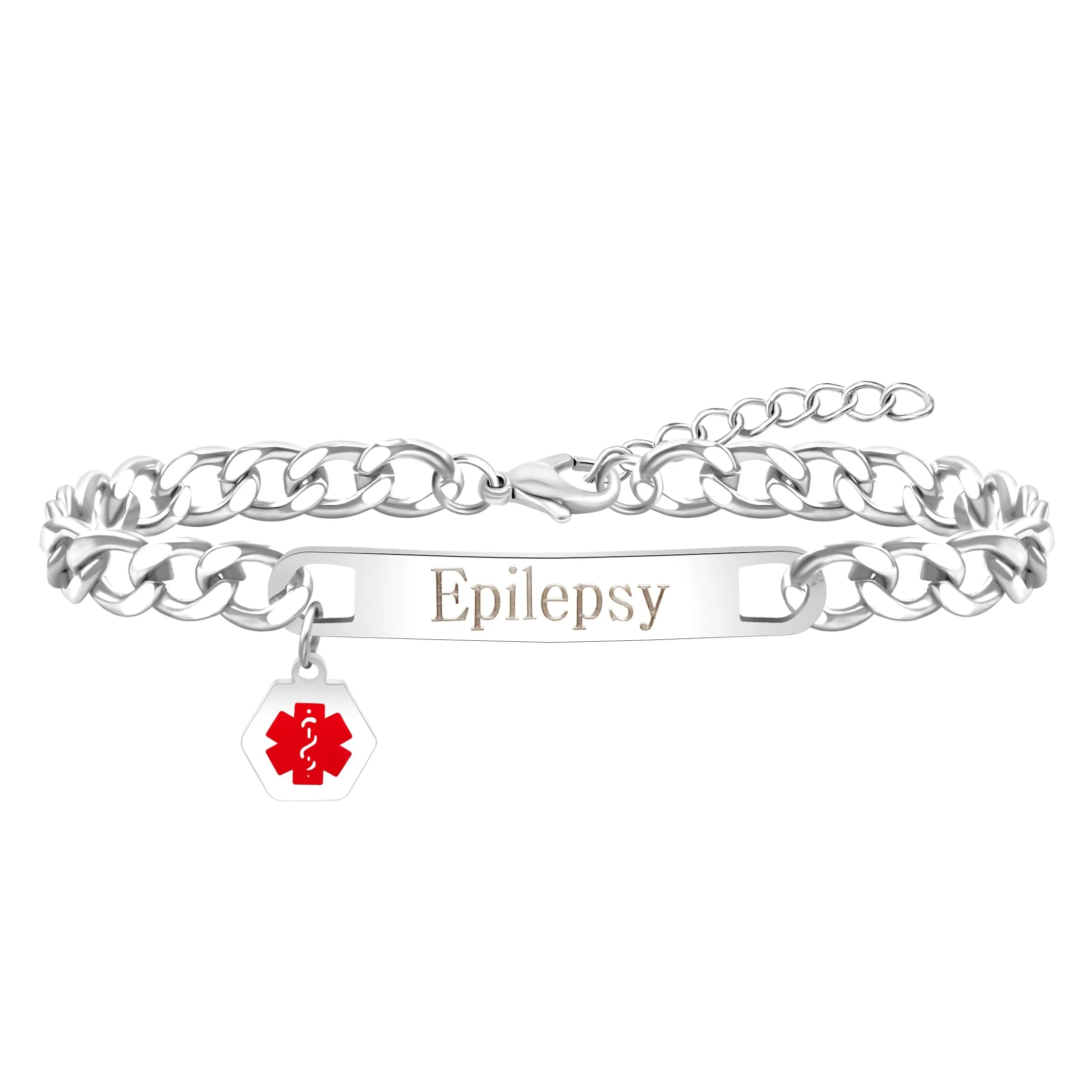 Uloveido Red Medical ID Bracelet | White/Black Cuban Chain Bracelets | Custom Medical Alarm Jewellery for Men Women | Waterproof Stainless Steel Bracelet YA5169 White Epilepsy