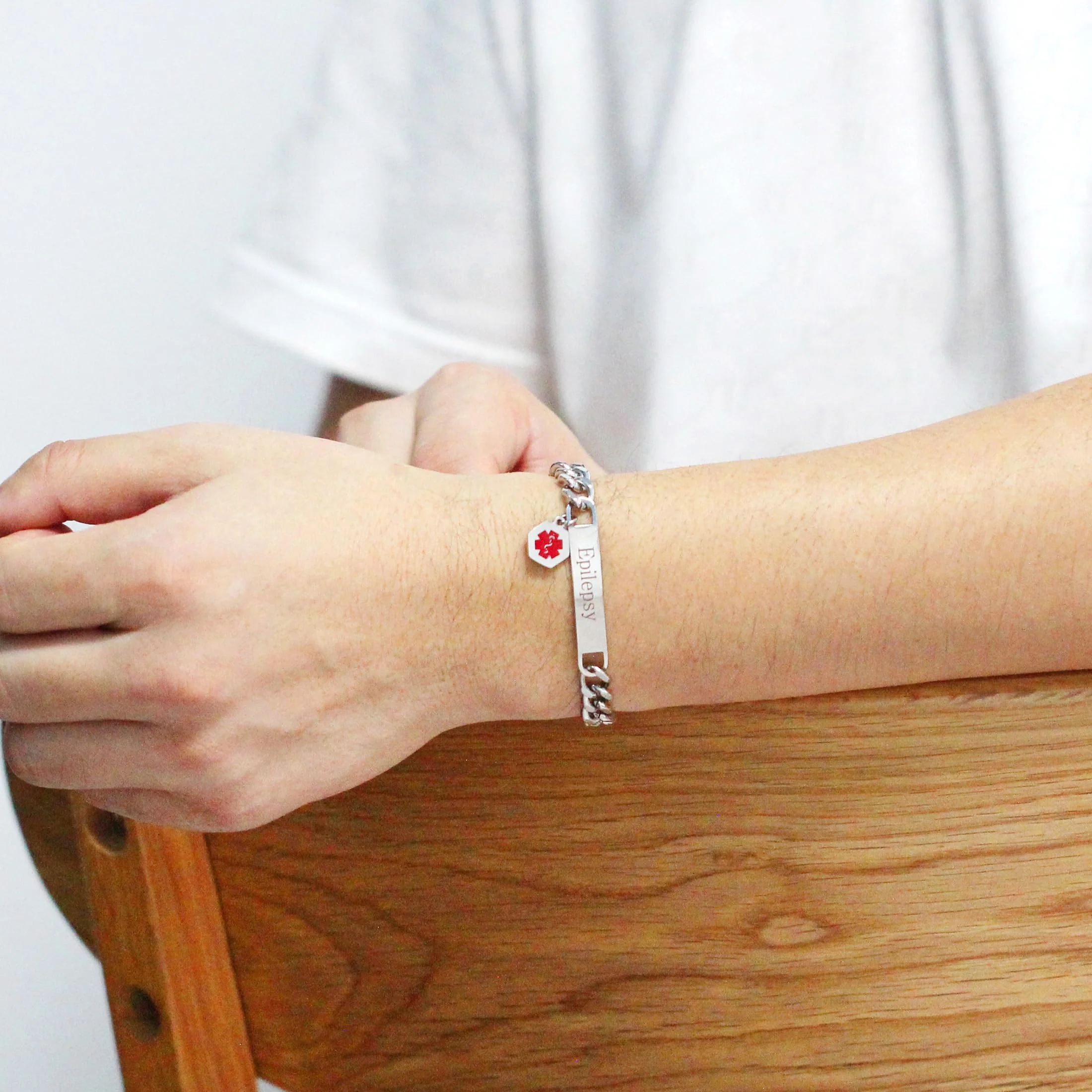 Uloveido Red Medical ID Bracelet | White/Black Cuban Chain Bracelets | Custom Medical Alarm Jewellery for Men Women | Waterproof Stainless Steel Bracelet YA5169 White Epilepsy - Image 2
