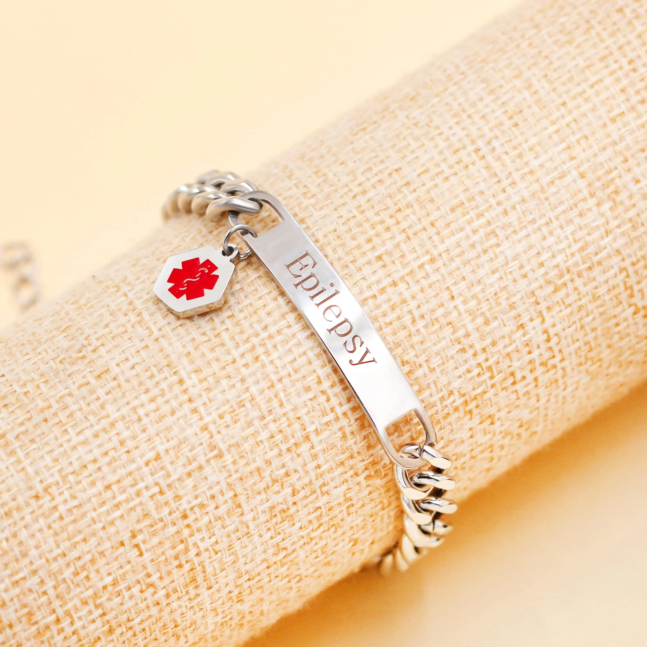 Uloveido Red Medical ID Bracelet | White/Black Cuban Chain Bracelets | Custom Medical Alarm Jewellery for Men Women | Waterproof Stainless Steel Bracelet YA5169 White Epilepsy - Image 3