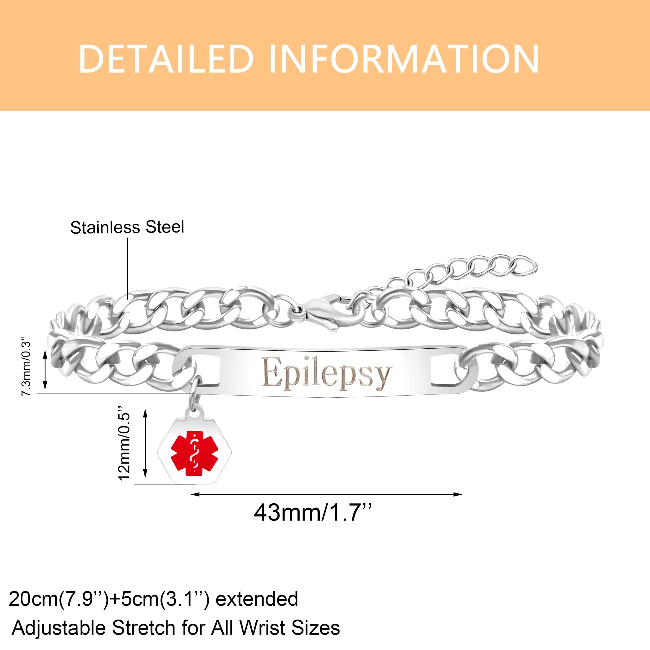 Uloveido Red Medical ID Bracelet | White/Black Cuban Chain Bracelets | Custom Medical Alarm Jewellery for Men Women | Waterproof Stainless Steel Bracelet YA5169 White Epilepsy - Image 6