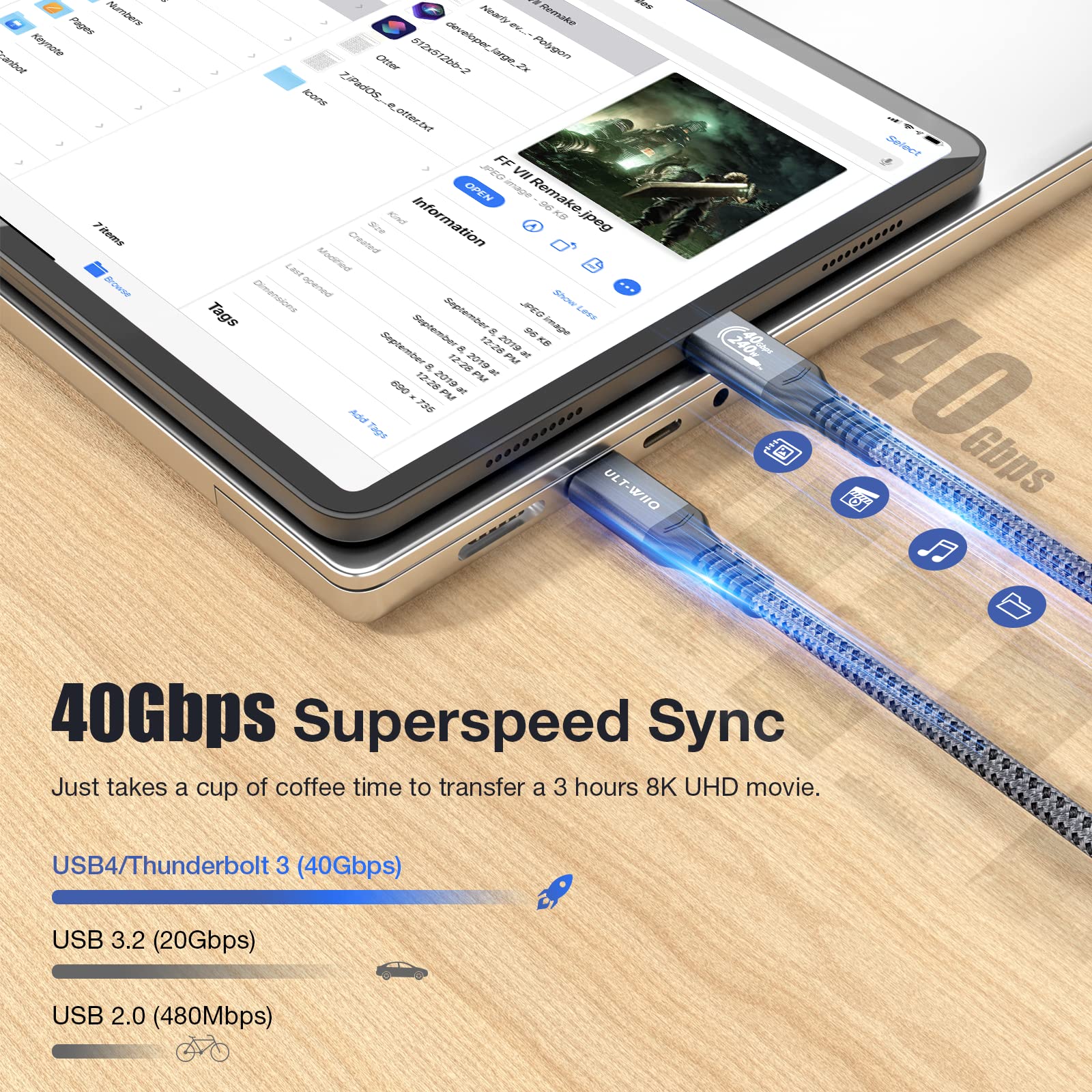 ULT-WIIQ USB4 Cable for Thunderbolt 4 Cable 40Gbps High Speed Data Transfer 240W PD 3.1 USB C to USB C Cable Fast Charging 8K/6K@60Hz USB 4 Cable for iPhone 15 Pro MacBook eGPU Docking GaN SSD 6.6FT 6.6 Feet - Image 4