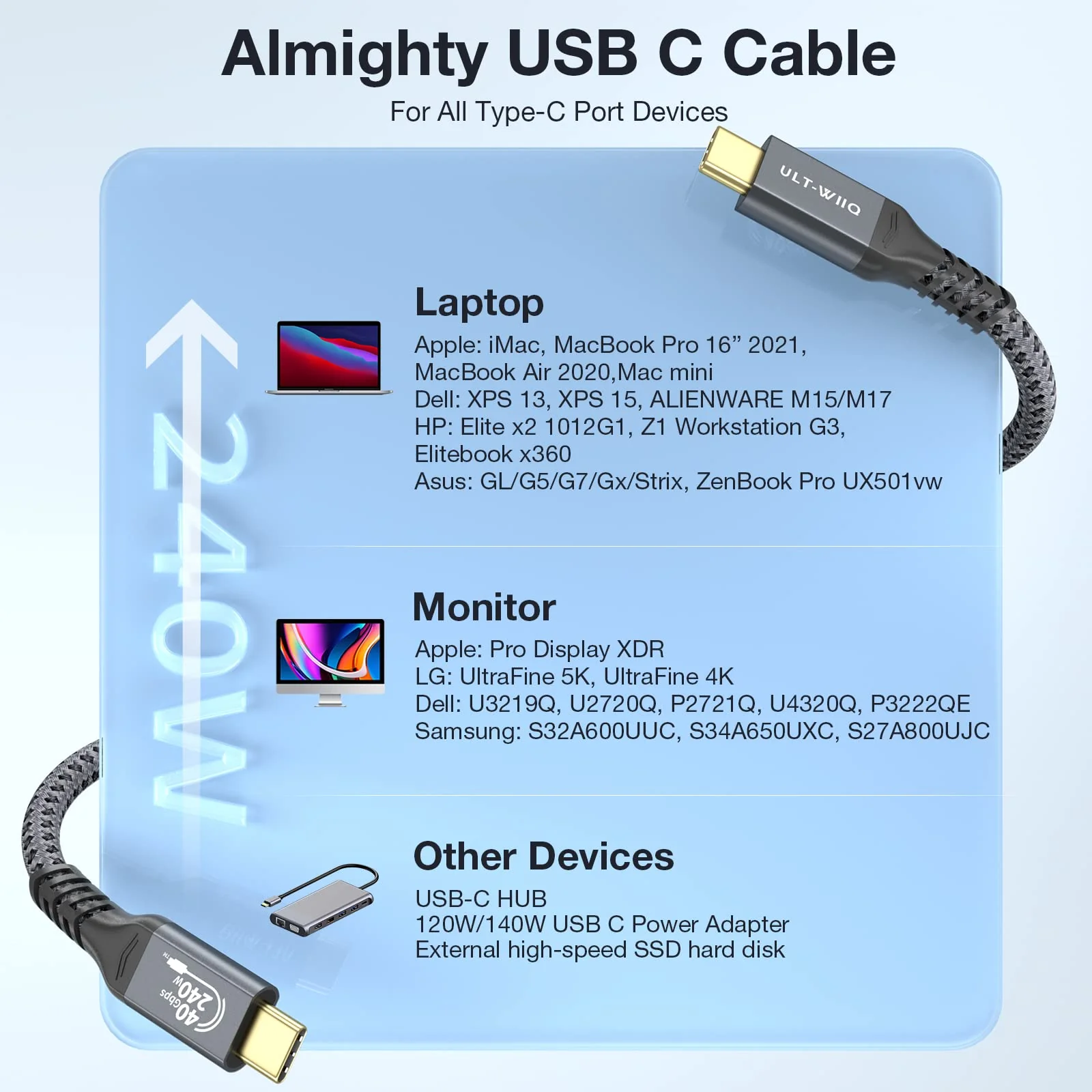 ULT-WIIQ USB4 Cable for Thunderbolt 4 Cable 40Gbps High Speed Data Transfer 240W PD 3.1 USB C to USB C Cable Fast Charging 8K/6K@60Hz USB 4 Cable for iPhone 15 Pro MacBook eGPU Docking GaN SSD 6.6FT 6.6 Feet - Image 8
